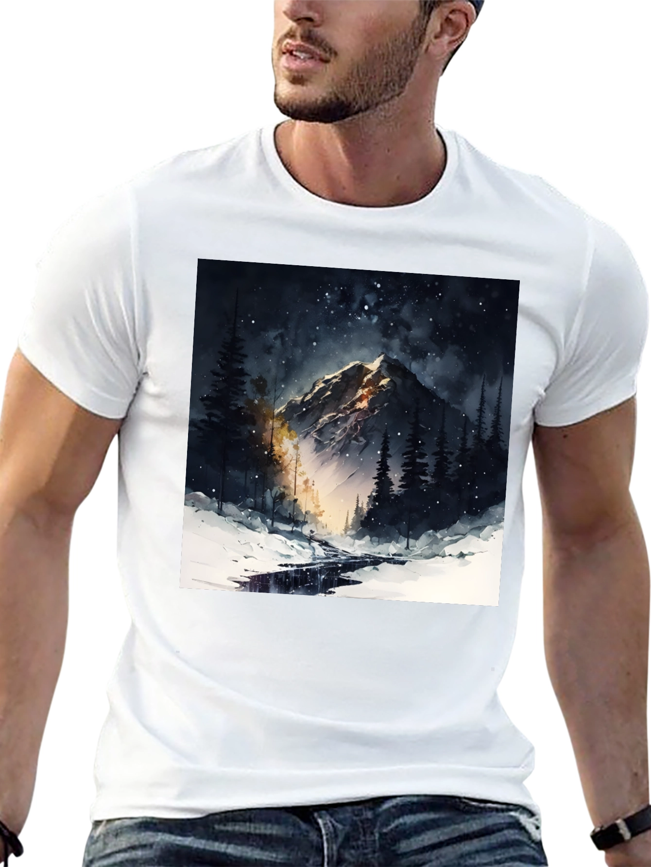 Mountain Night Scene Graphic Tee - Black
