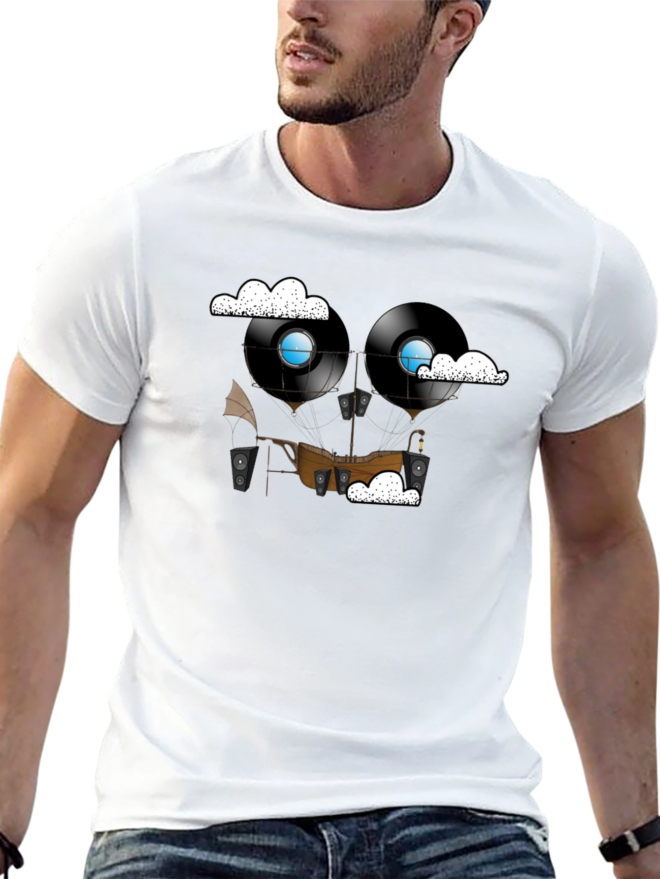 Steampunk Vinyl Record Airship Graphic Tee
