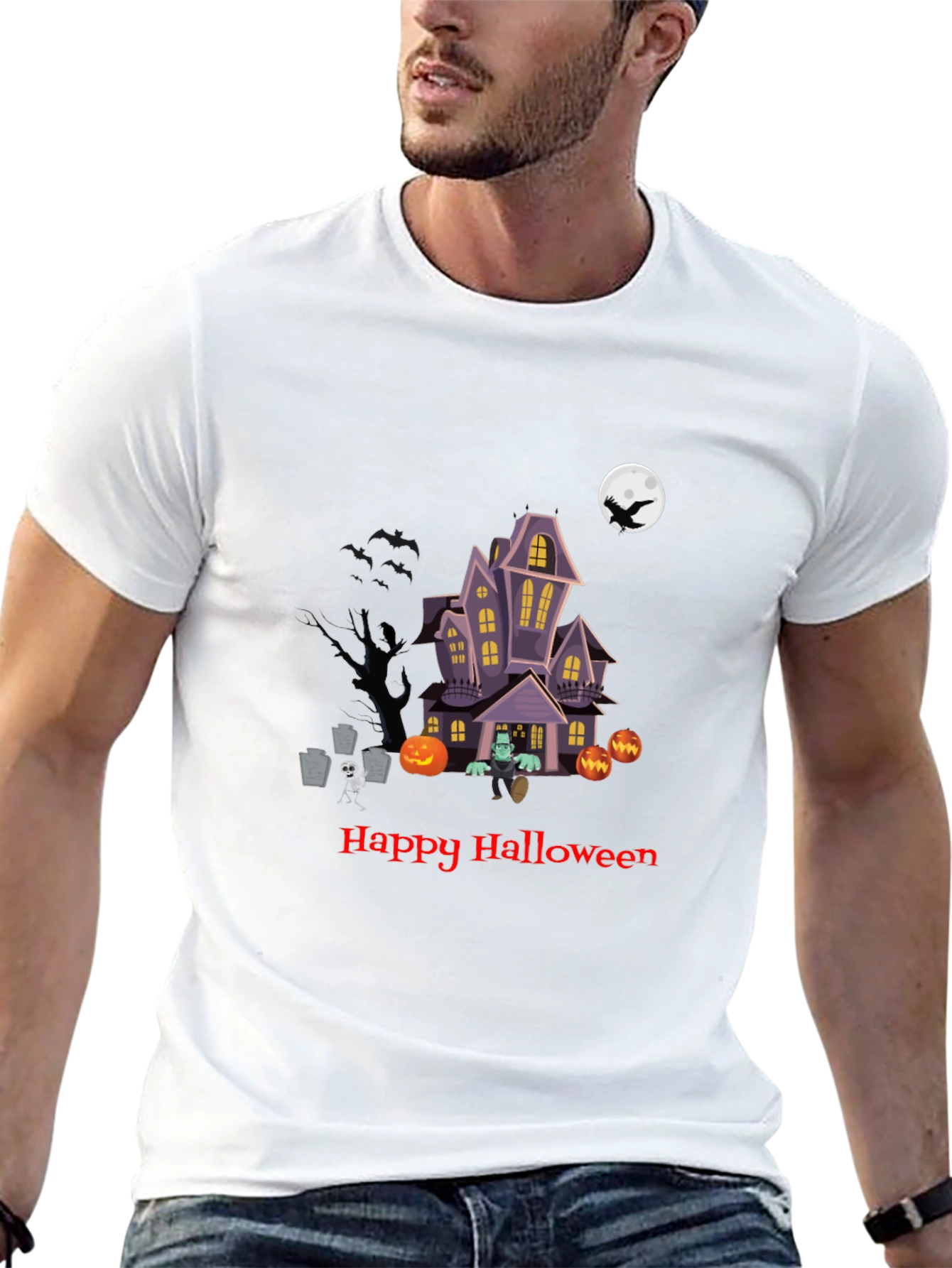 Halloween Graphic Tee - Spooky Haunted House Design