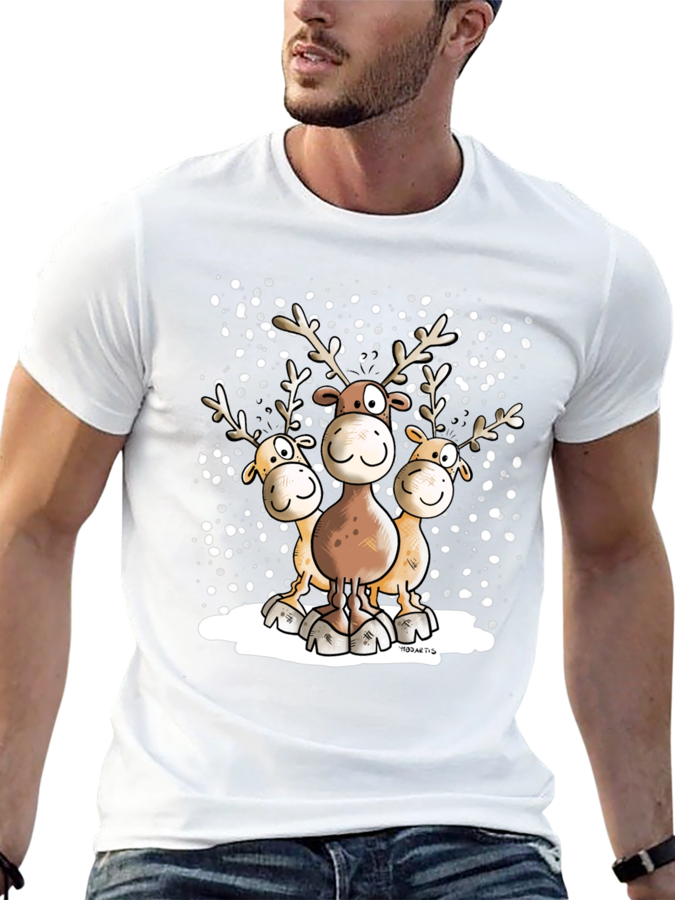 Cartoon Reindeer Crewneck Graphic T-Shirt
