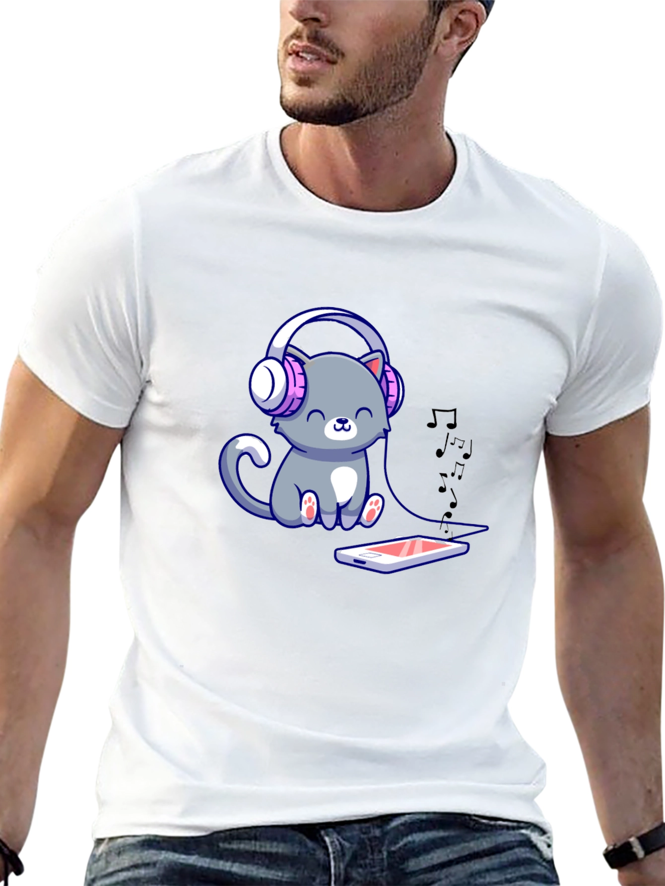 Cute Cat with Headphones Graphic Tee