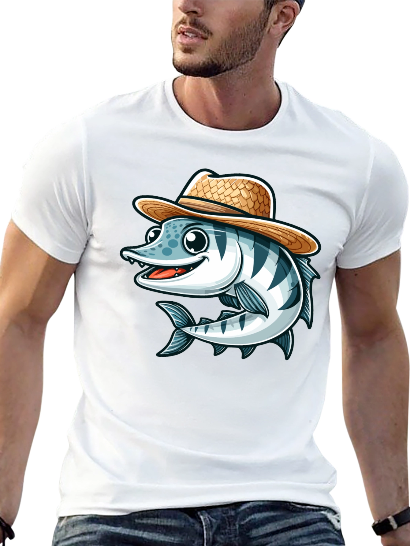 Cartoon Fish with Straw Hat T-Shirt