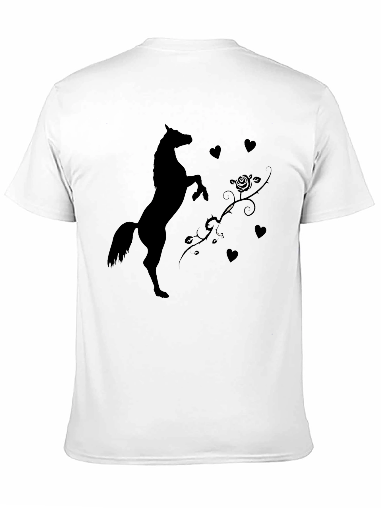 Black T-Shirt with Horse and Hearts Graphic