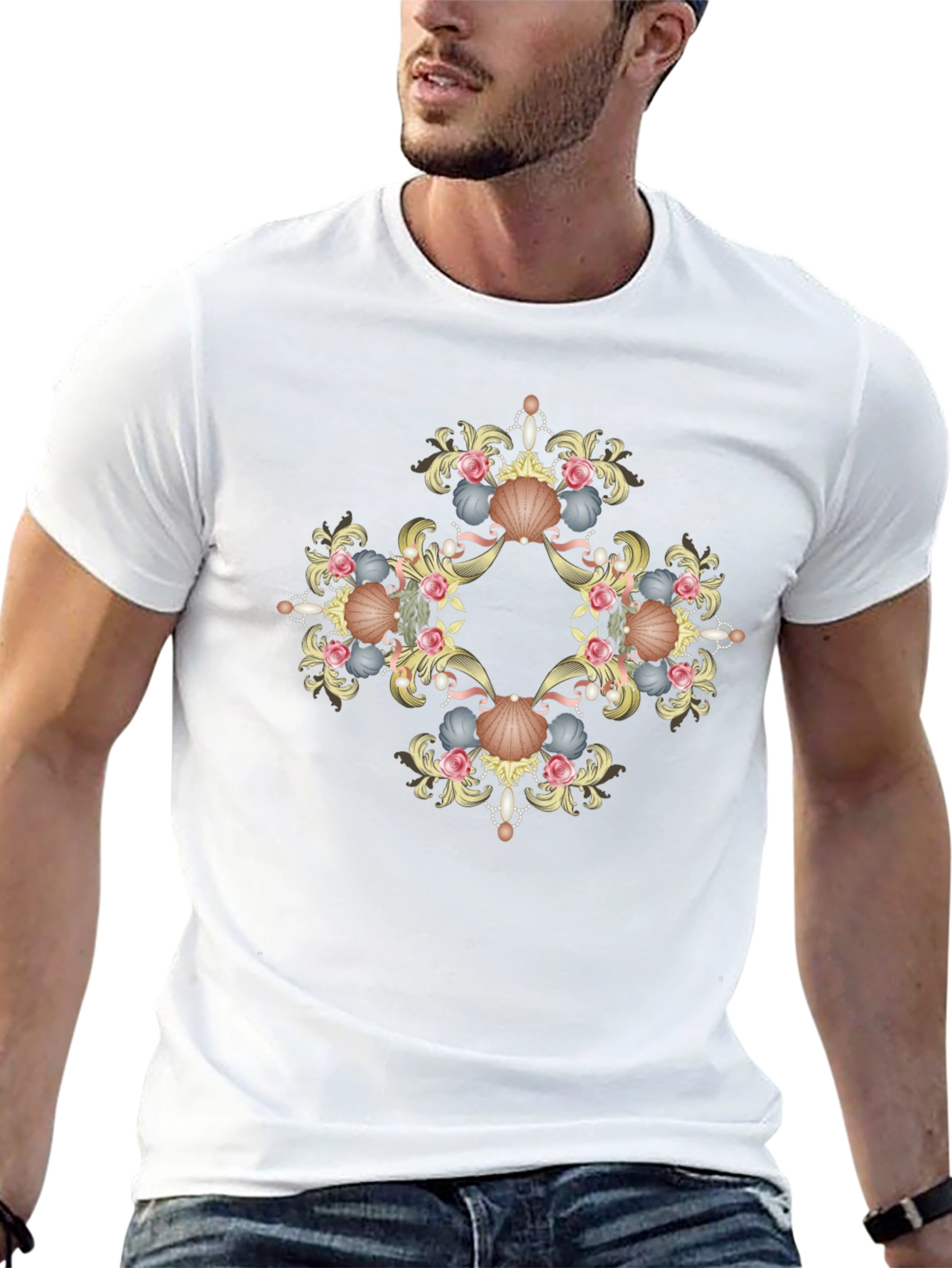 Ornate Seashell Graphic Tee - Black Cotton Shirt