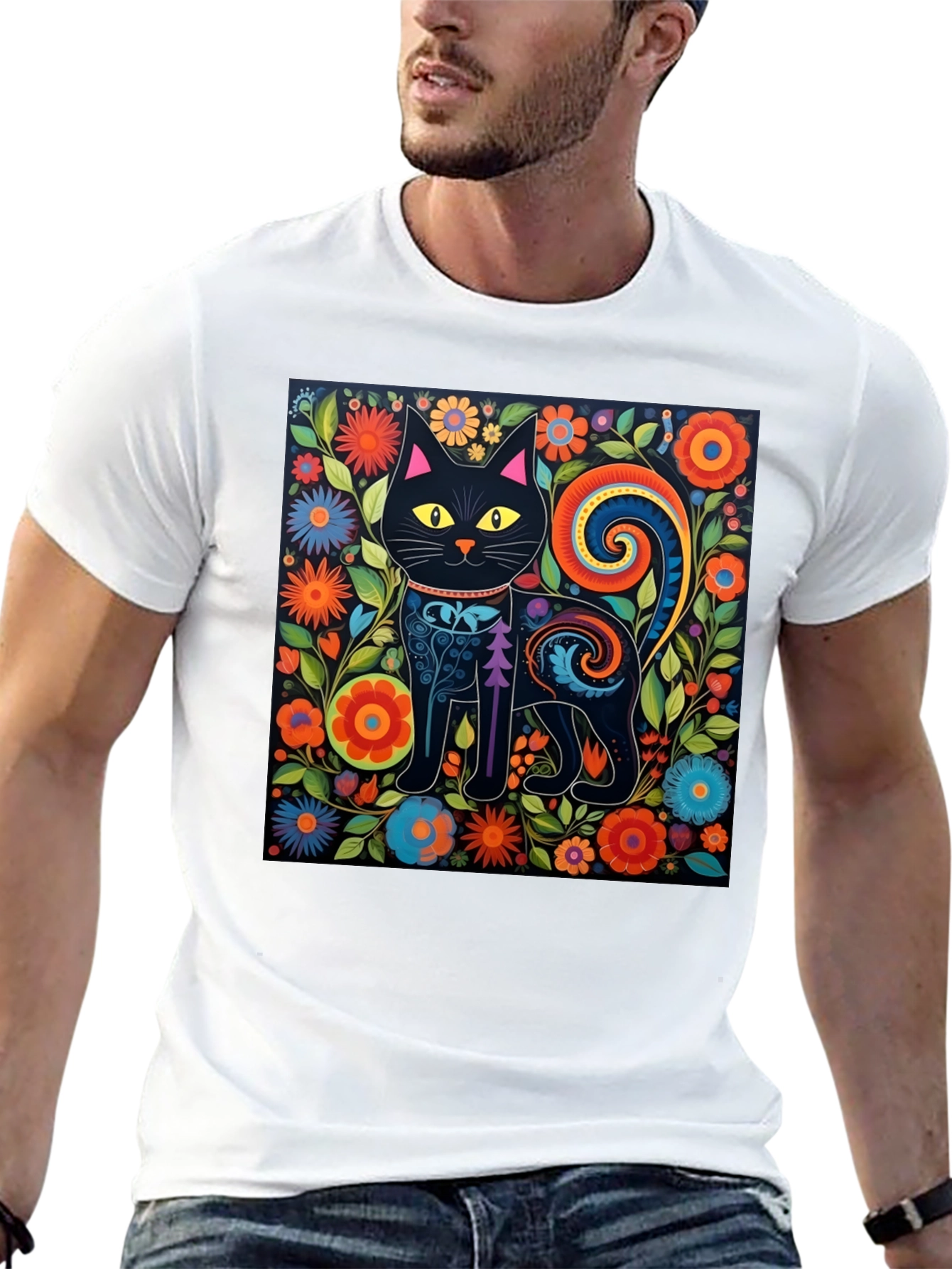 Floral Cat Graphic Tee - Unique Black T-Shirt