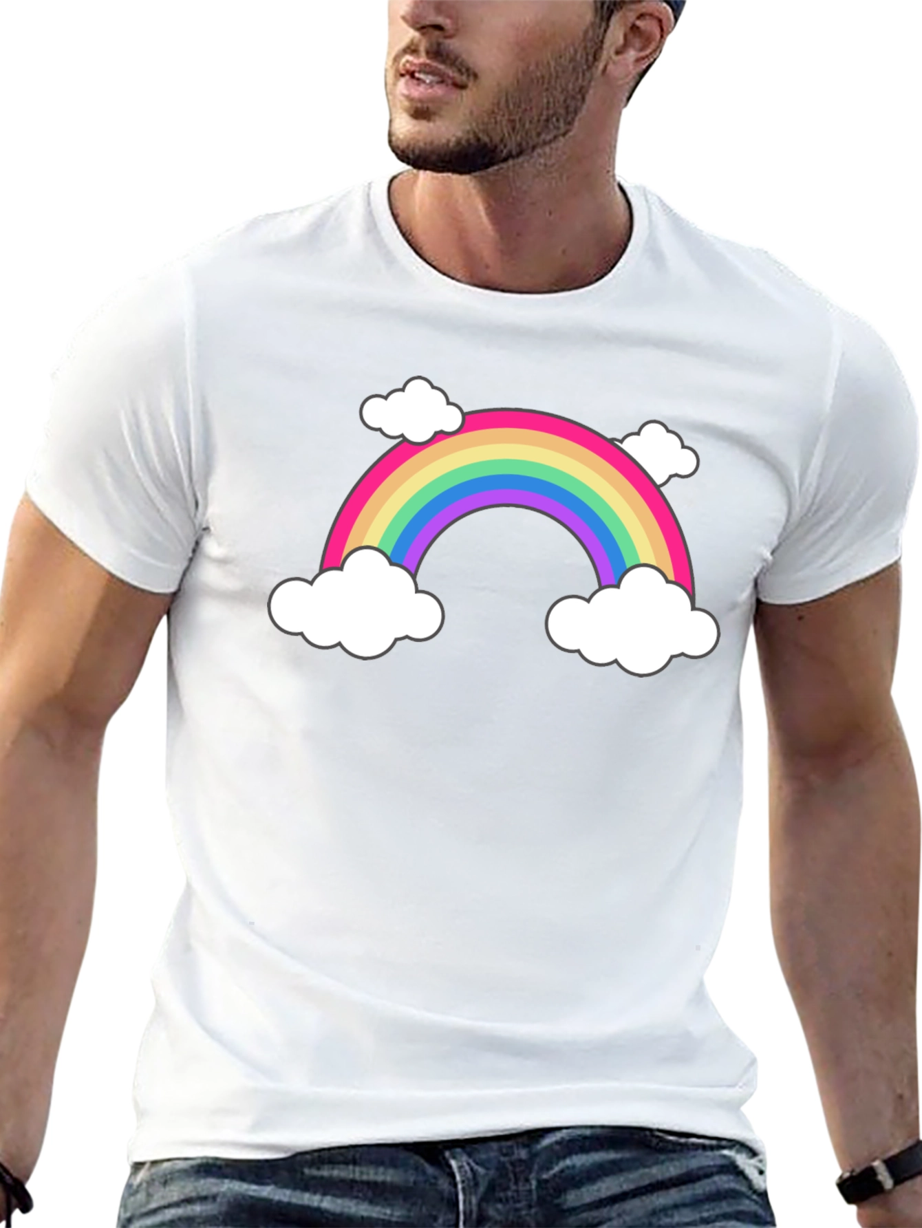 Rainbow & Cloud Graphic Tee - Black Cotton T-Shirt