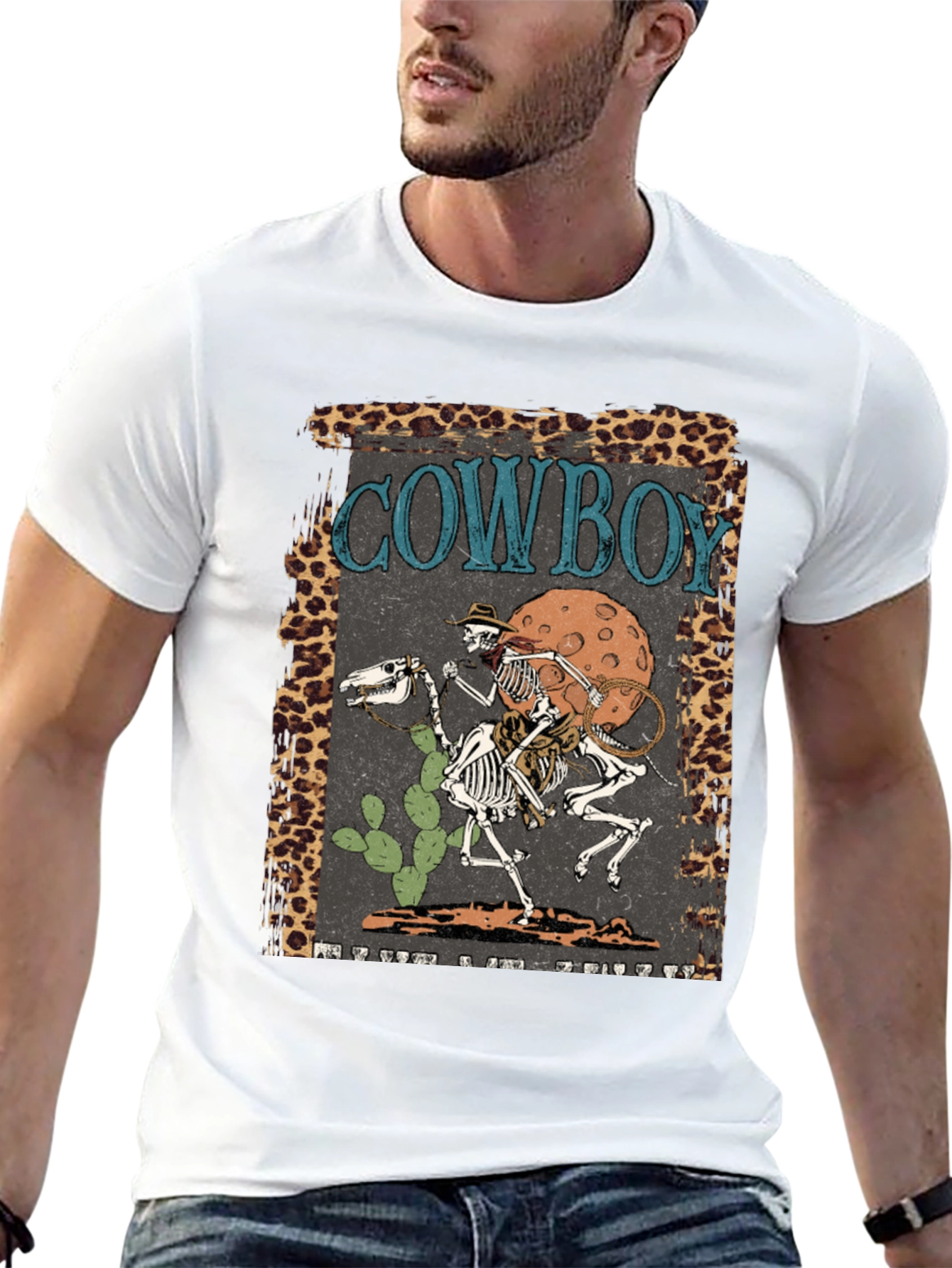 Cowboy Skeleton Graphic Tee - Leopard Print
