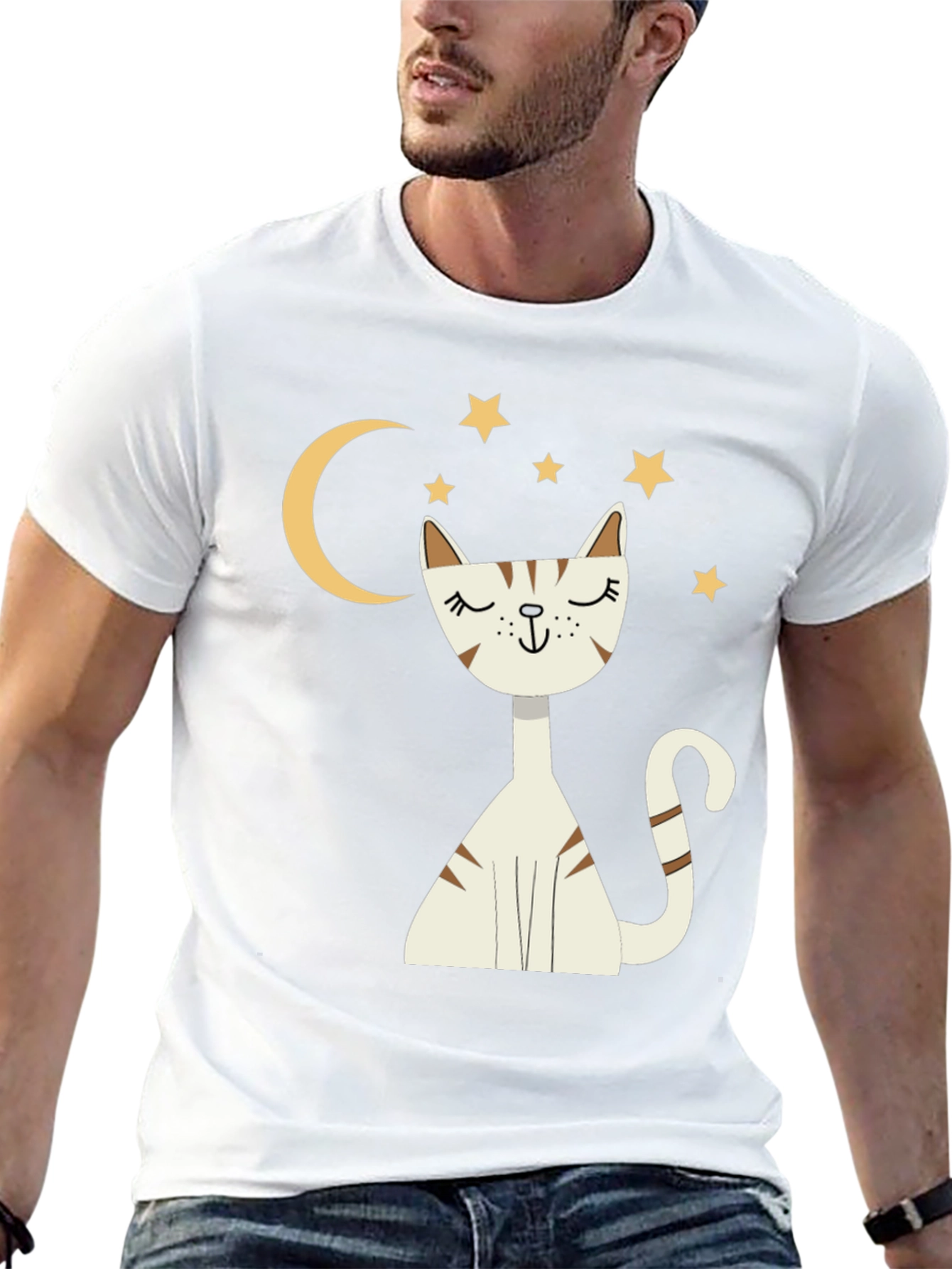 Cute Cat Moon & Stars Graphic Black T-Shirt