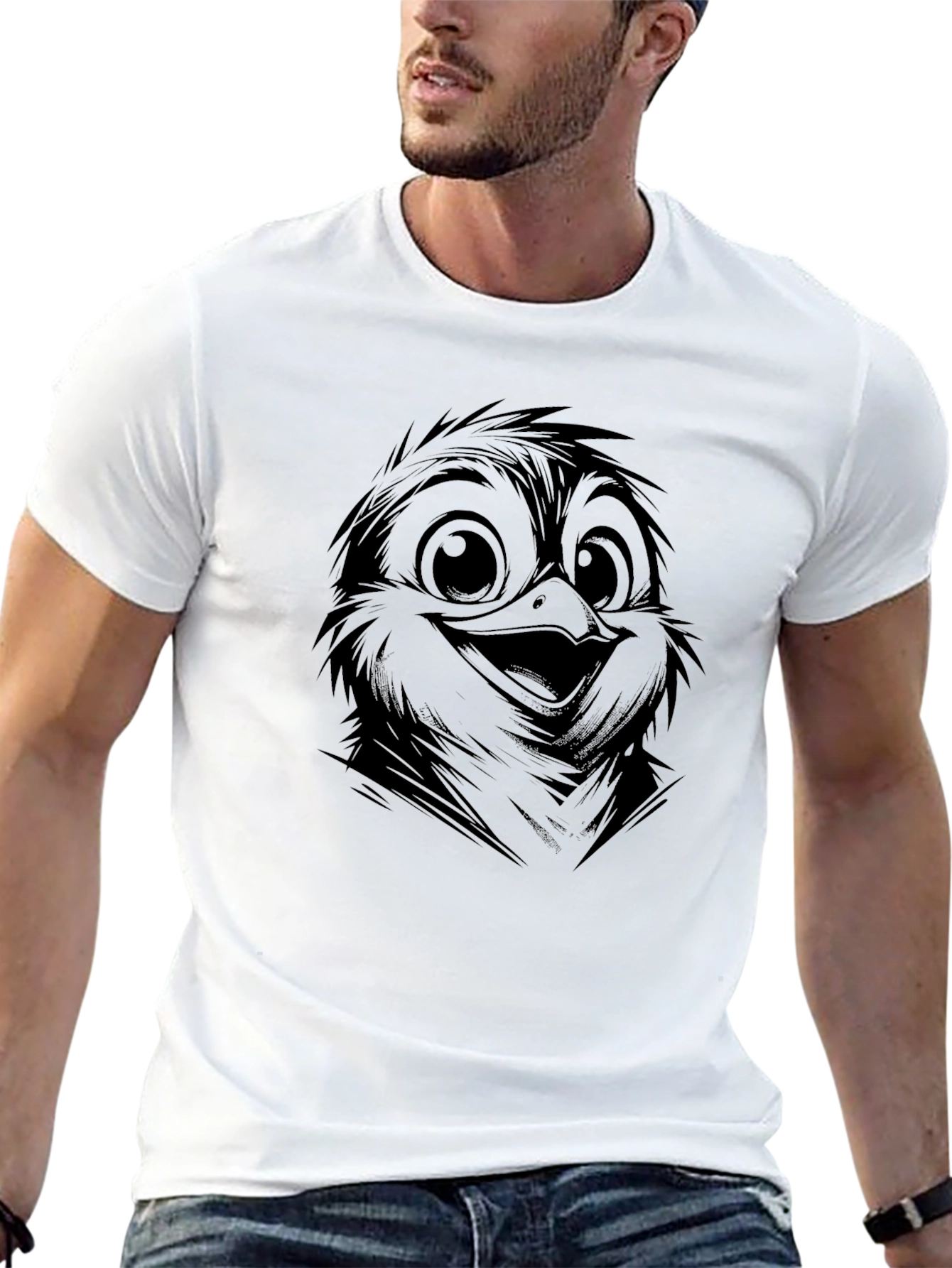 Cute Bird Graphic Tee - Black Cotton Casual T-Shirt