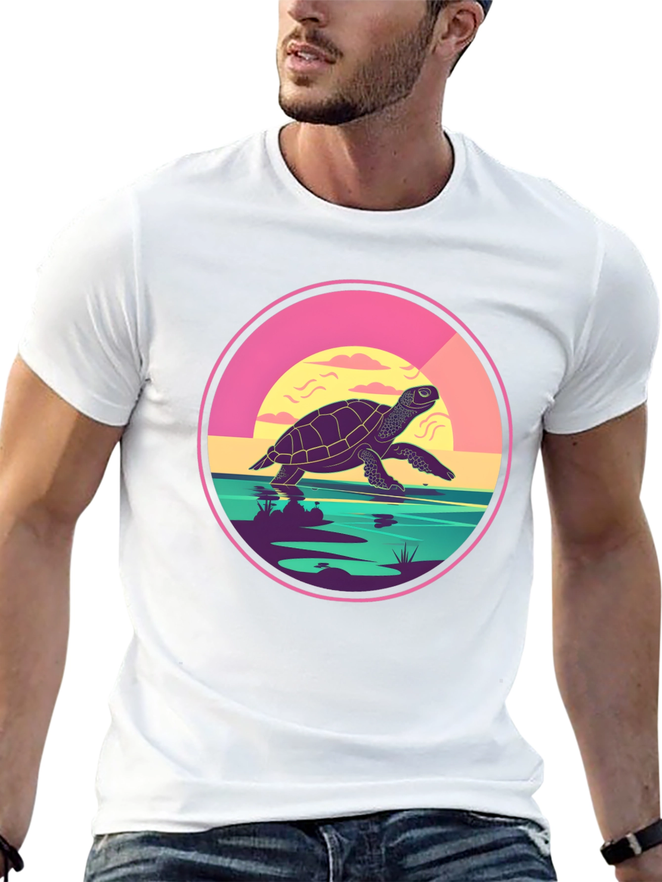 Turtle Sunset Graphic Tee - Unique Round Design