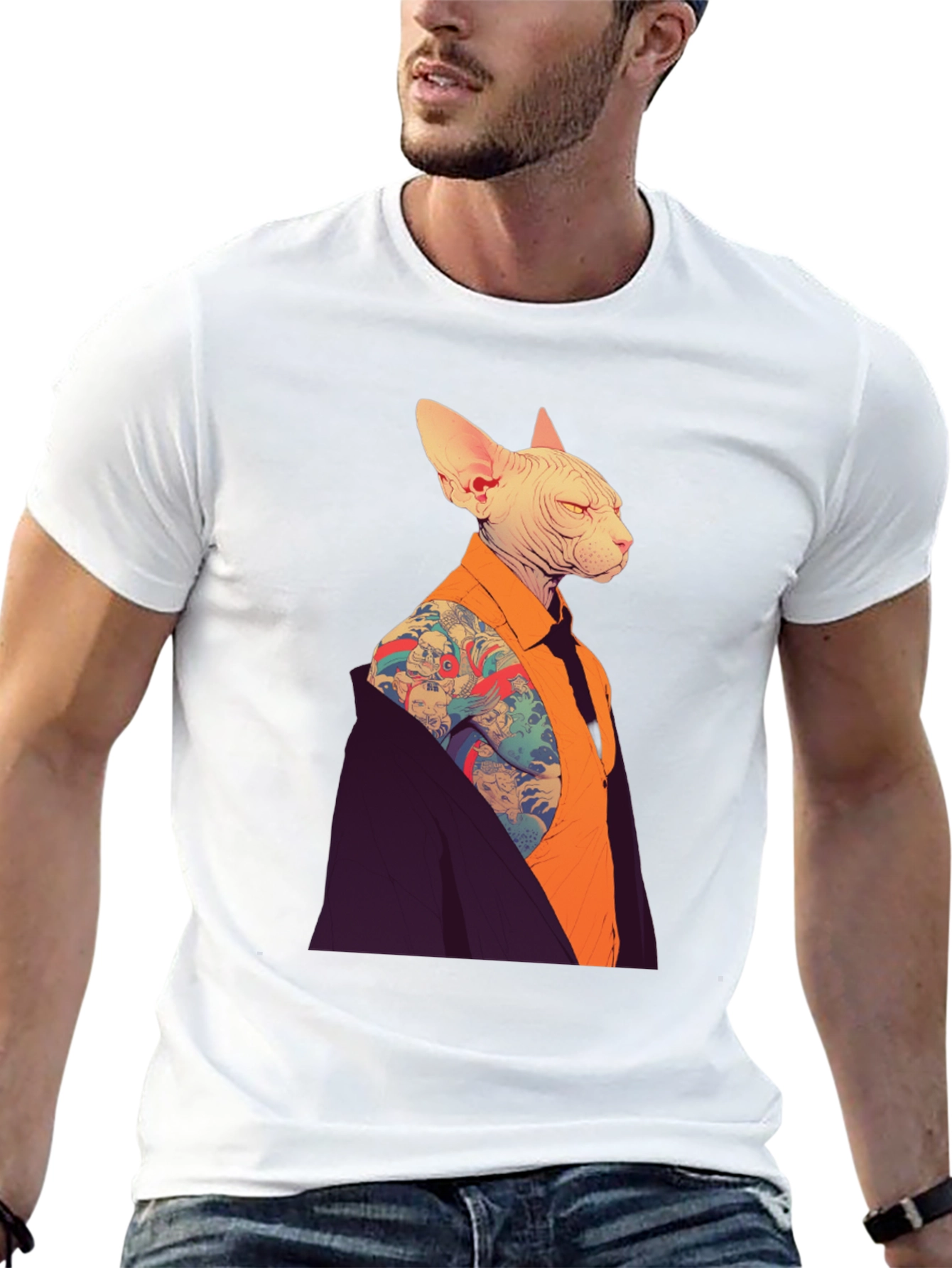 Tattooed Cat Graphic Tee - Stylish & Unique