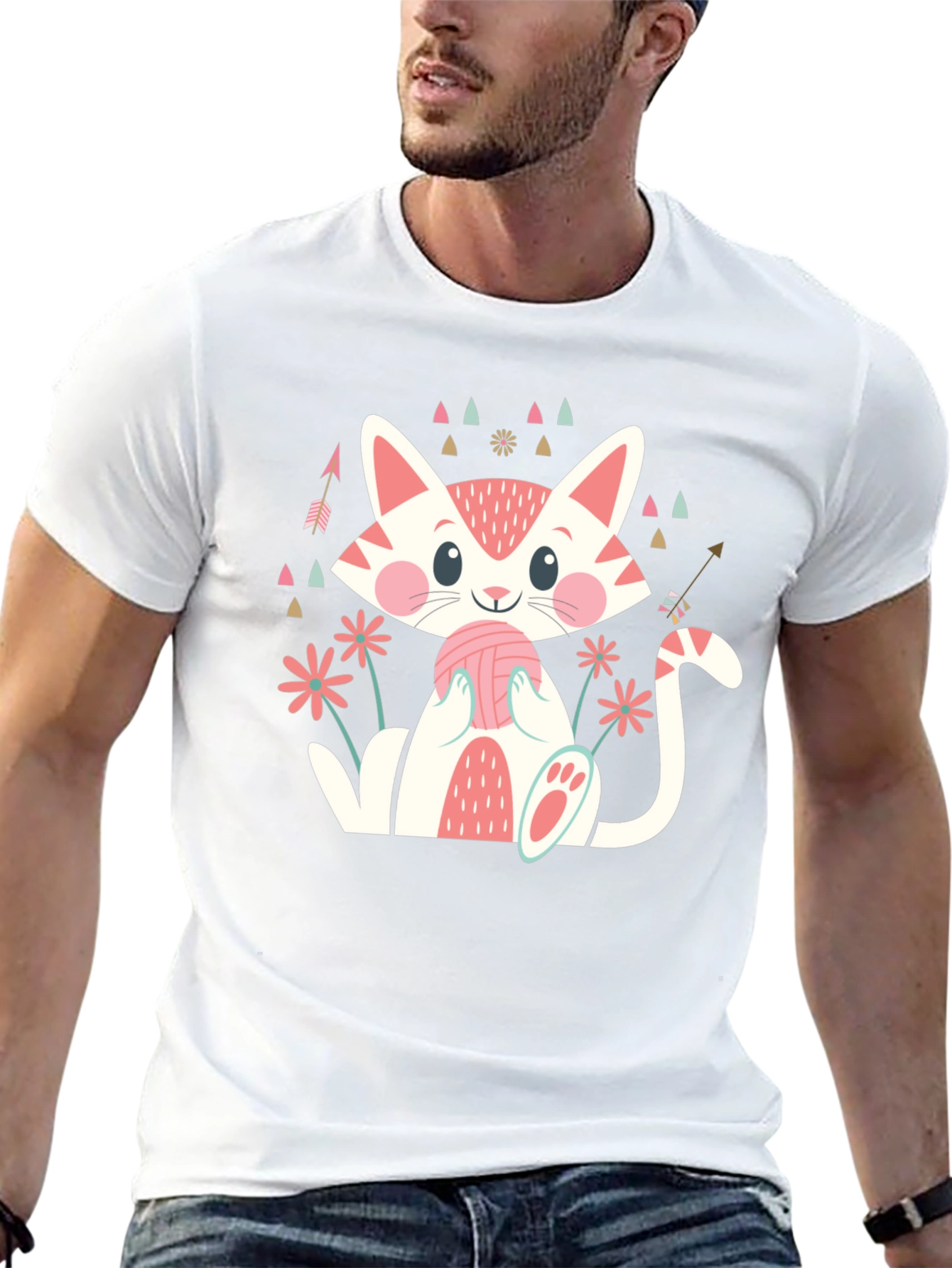 Cute Cat With Yarn Ball Graphic Tee