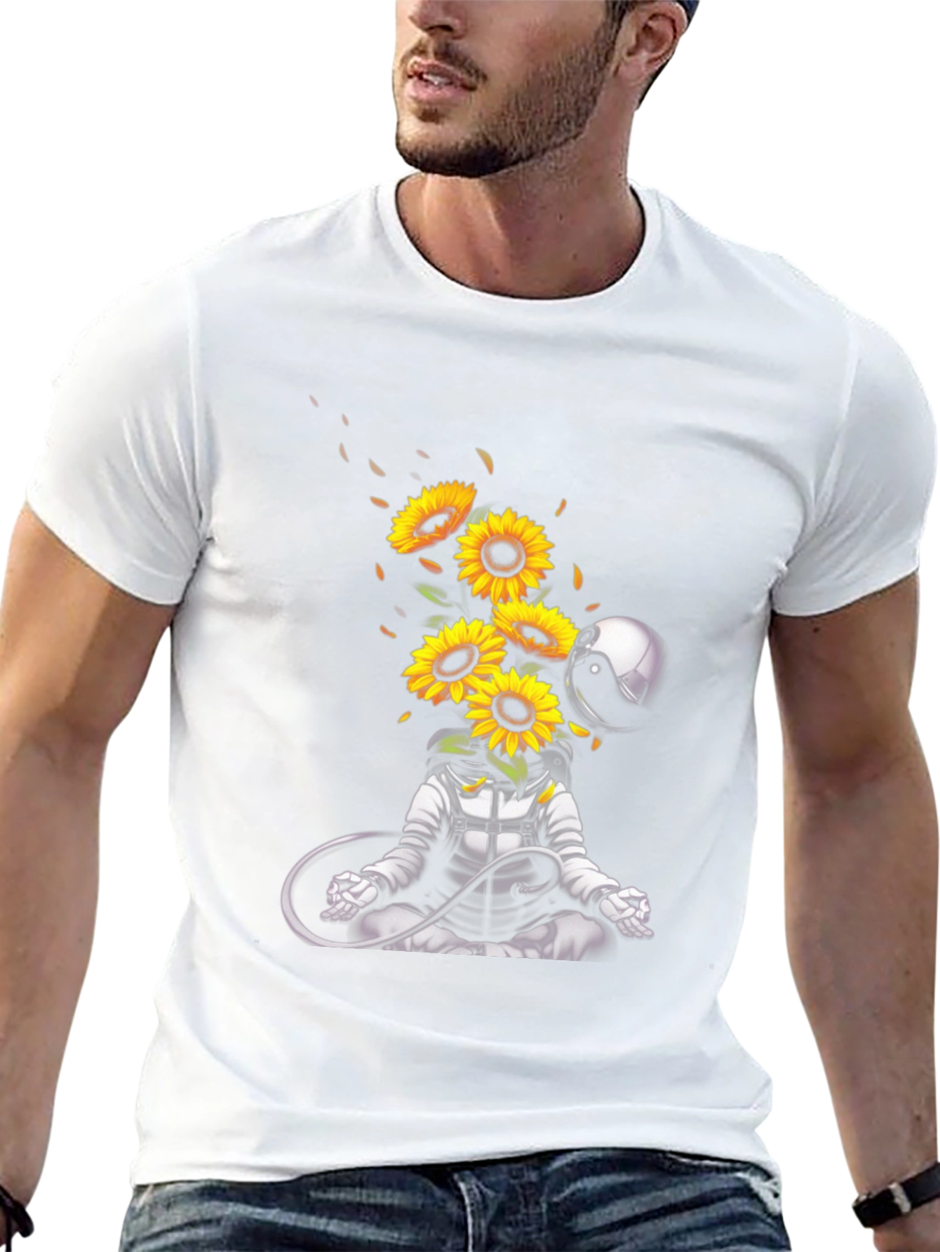 Meditating Astronaut with Sunflowers Graphic T-Shirt