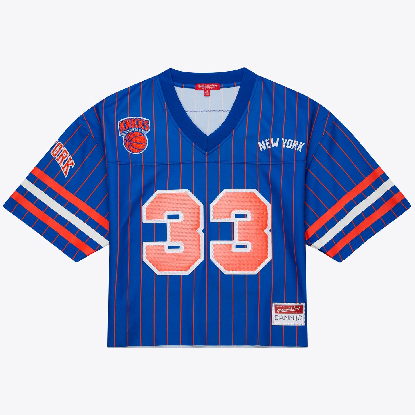 Women's New York Knicks Patrick Ewing Mitchell & Ness x DANNIJO Blue Name & Number Cropped Football Jersey