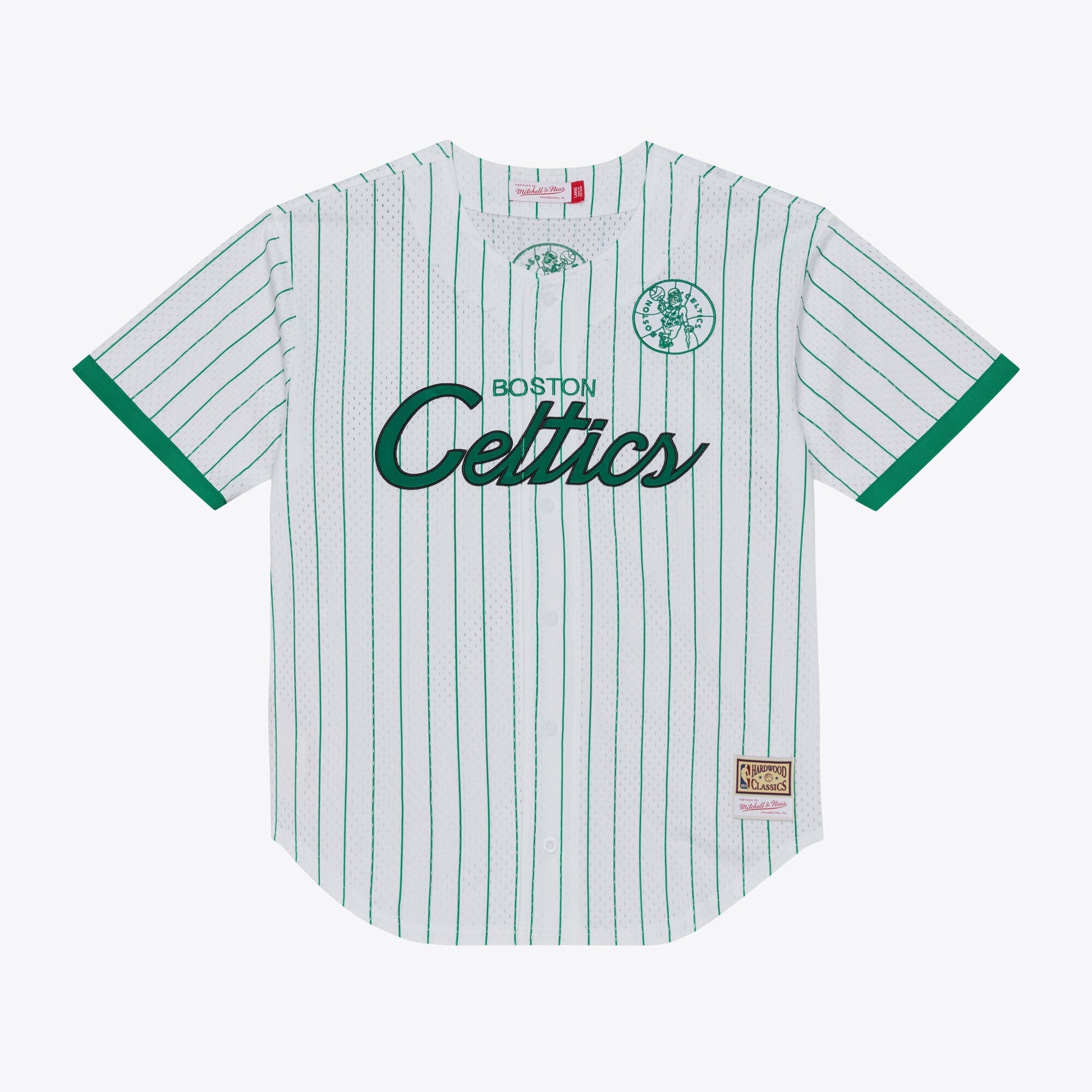 Men's Boston Celtics Mitchell & Ness White Head Coach Pinstripe Mesh Full-Button Baseball Jersey