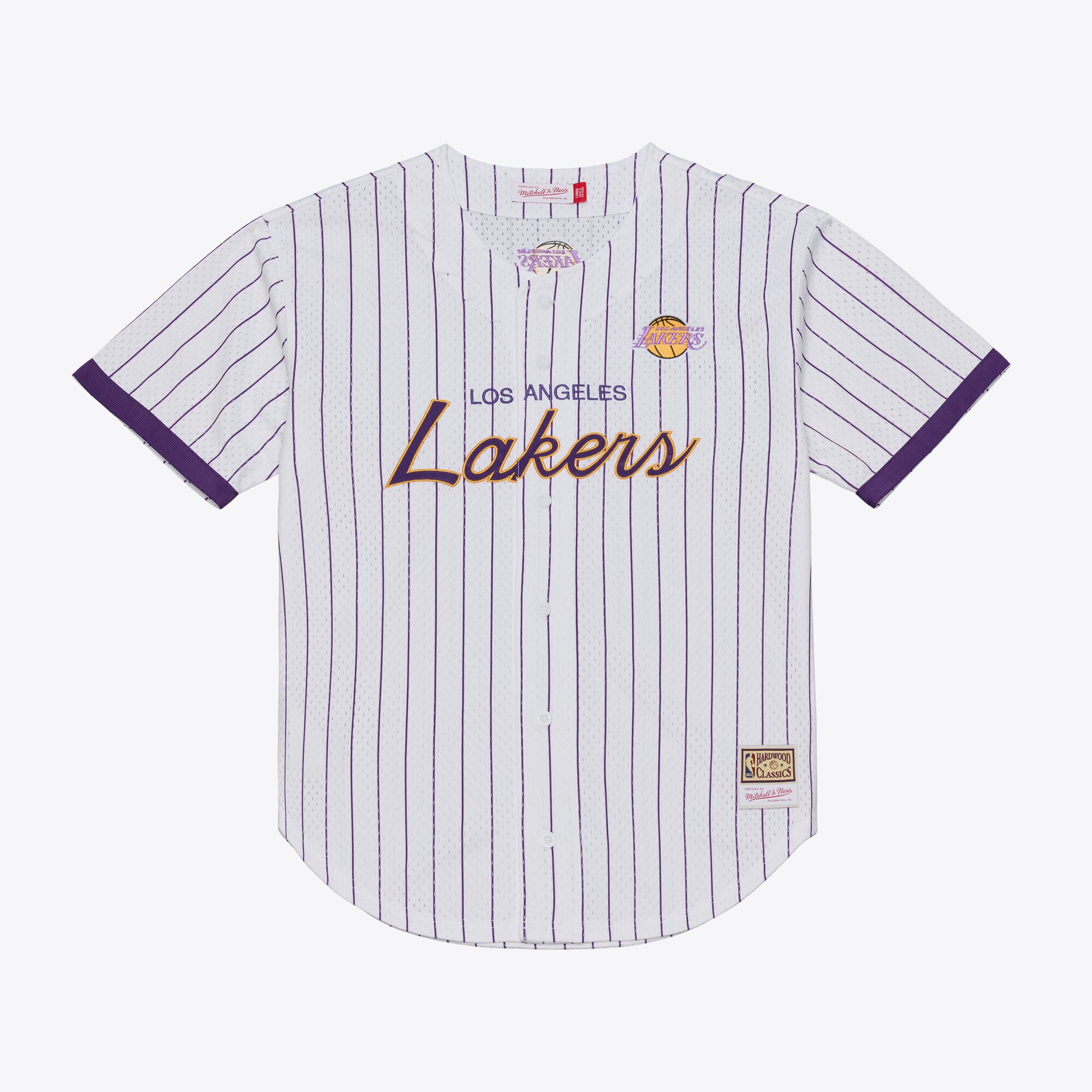 Men's Los Angeles Lakers Mitchell & Ness White Head Coach Pinstripe Mesh Full-Button Baseball Jersey