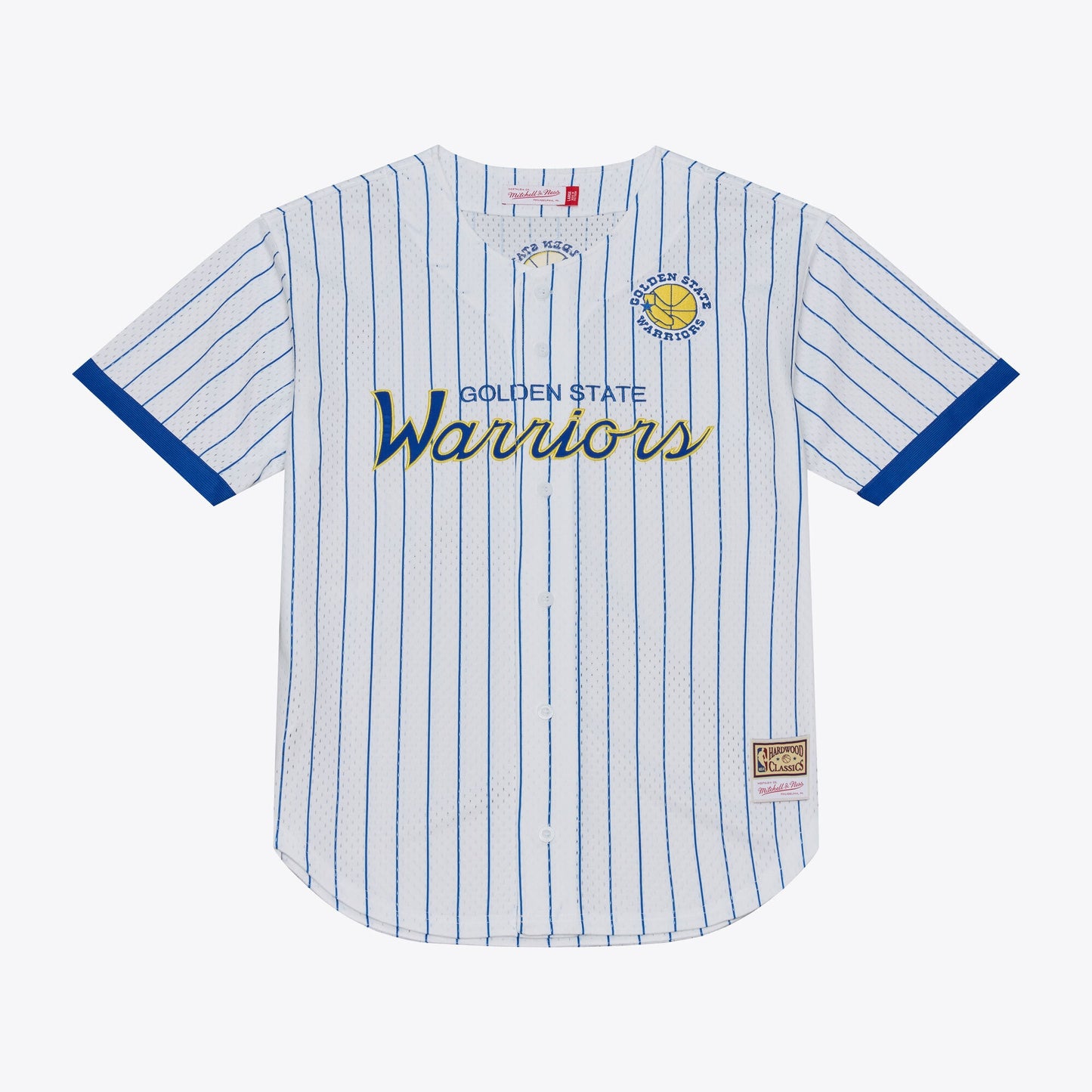 Men's Golden State Warriors Mitchell & Ness White Head Coach Pinstripe Mesh Full-Button Baseball Jersey