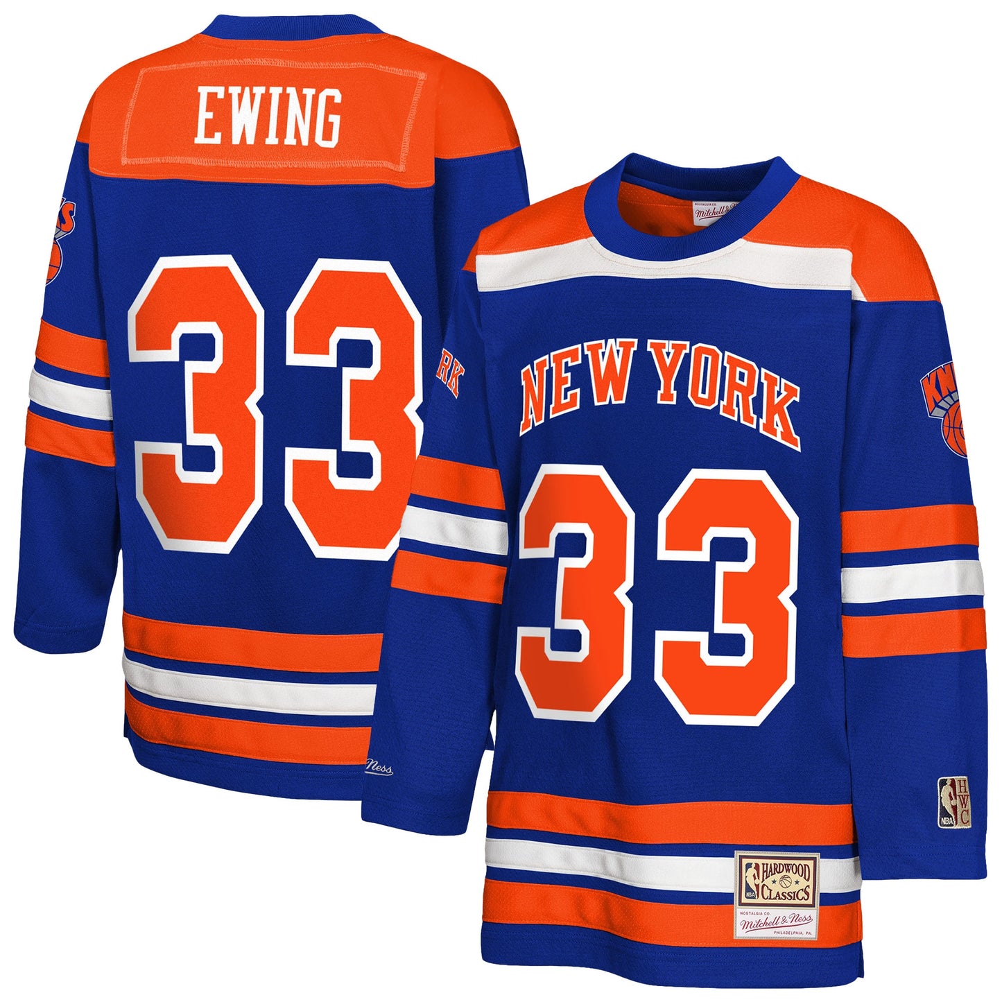 Youth New York Knicks Patrick Ewing Mitchell & Ness Blue Maxxed Out 2.0 Fashion Hockey Jersey