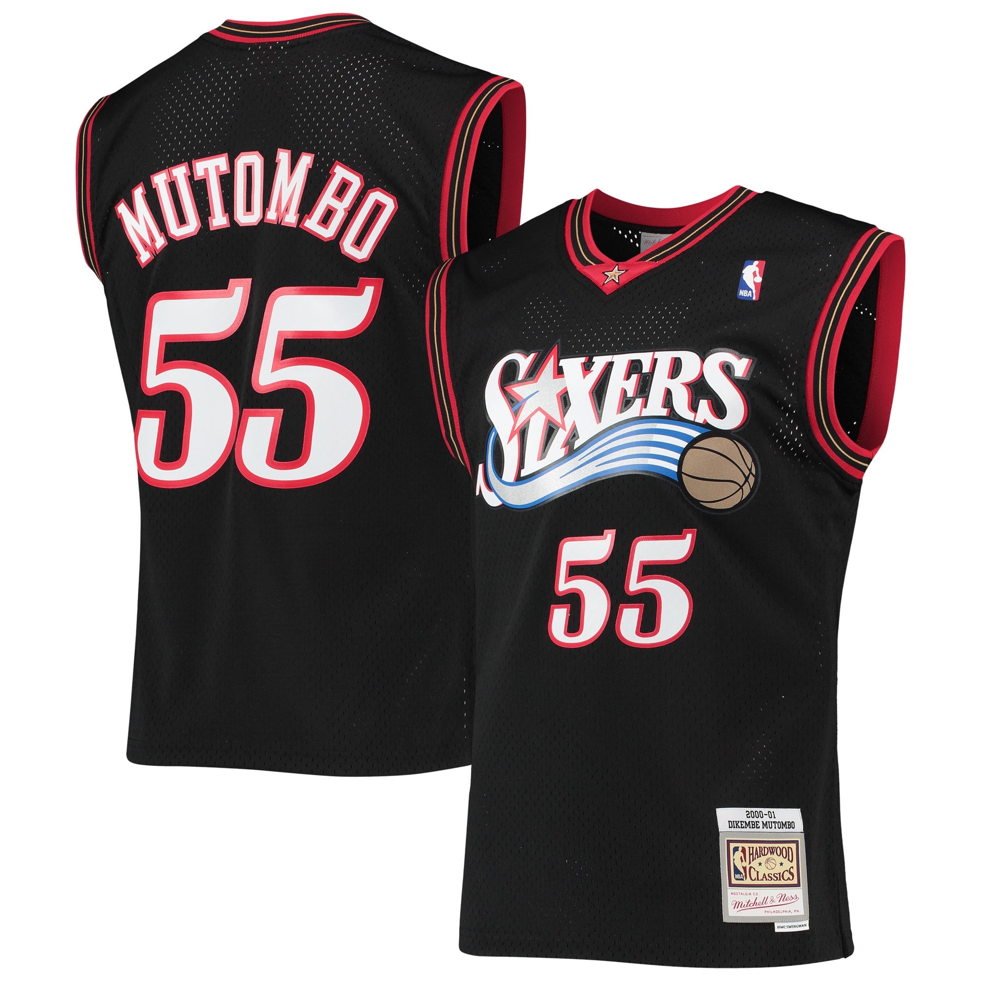 Men's Philadelphia 76ers Dikembe Mutombo Mitchell & Ness Black Hardwood Classics Swingman Jersey