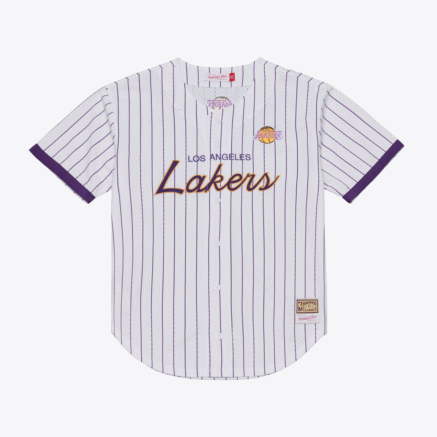 Men's Los Angeles Lakers Mitchell & Ness White Head Coach Pinstripe Mesh Full-Button Baseball Jersey