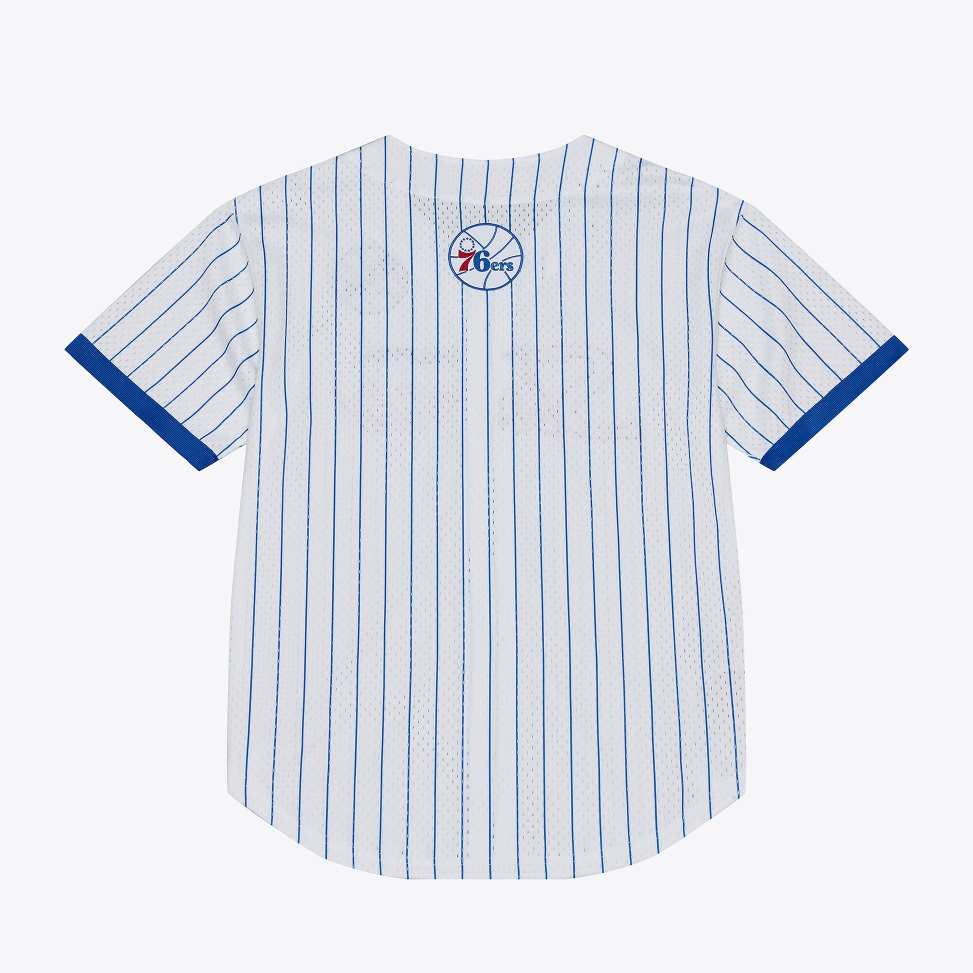 Men's Philadelphia 76ers Mitchell & Ness White Head Coach Pinstripe Mesh Full-Button Baseball Jersey