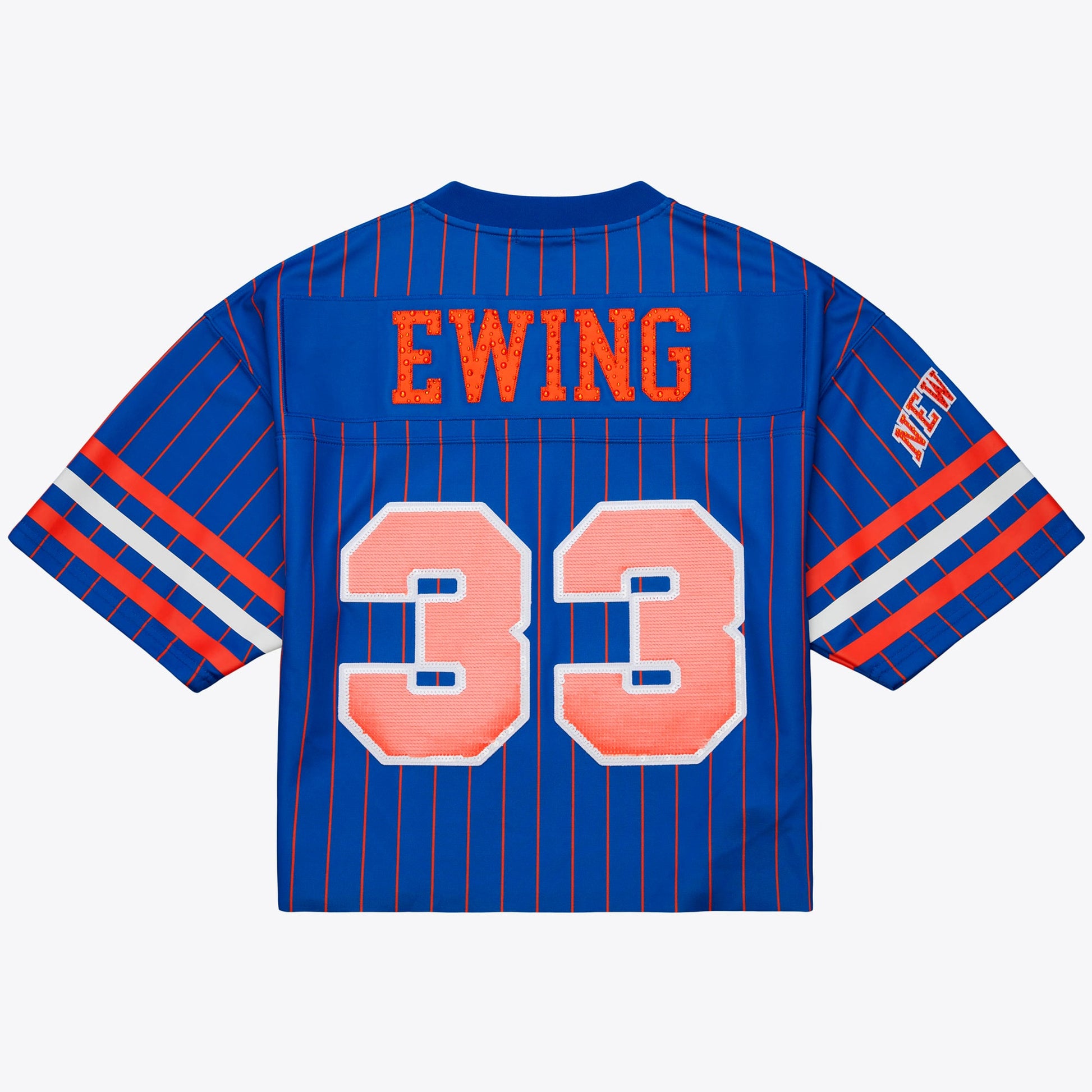 Women's New York Knicks Patrick Ewing Mitchell & Ness x DANNIJO Blue Name & Number Cropped Football Jersey