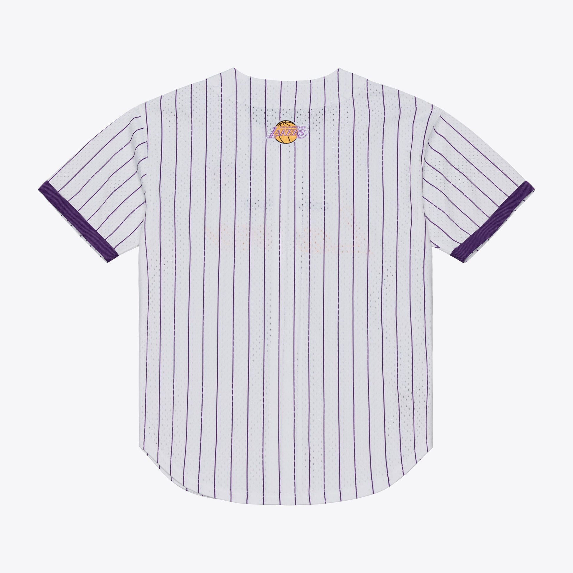 Men's Los Angeles Lakers Mitchell & Ness White Head Coach Pinstripe Mesh Full-Button Baseball Jersey