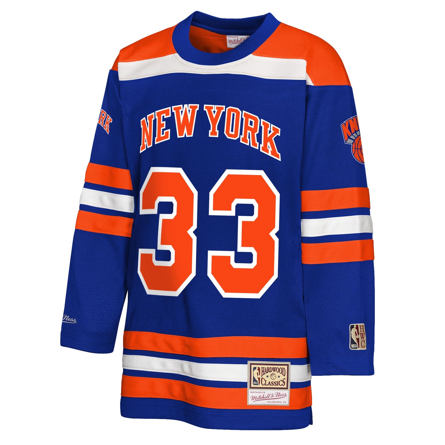 Youth New York Knicks Patrick Ewing Mitchell & Ness Blue Maxxed Out 2.0 Fashion Hockey Jersey