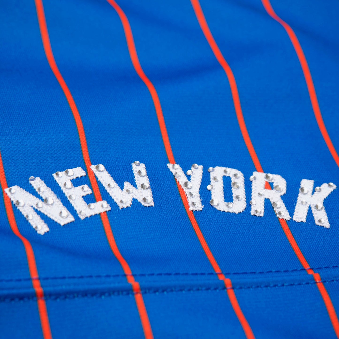 Women's New York Knicks Patrick Ewing Mitchell & Ness x DANNIJO Blue Name & Number Cropped Football Jersey