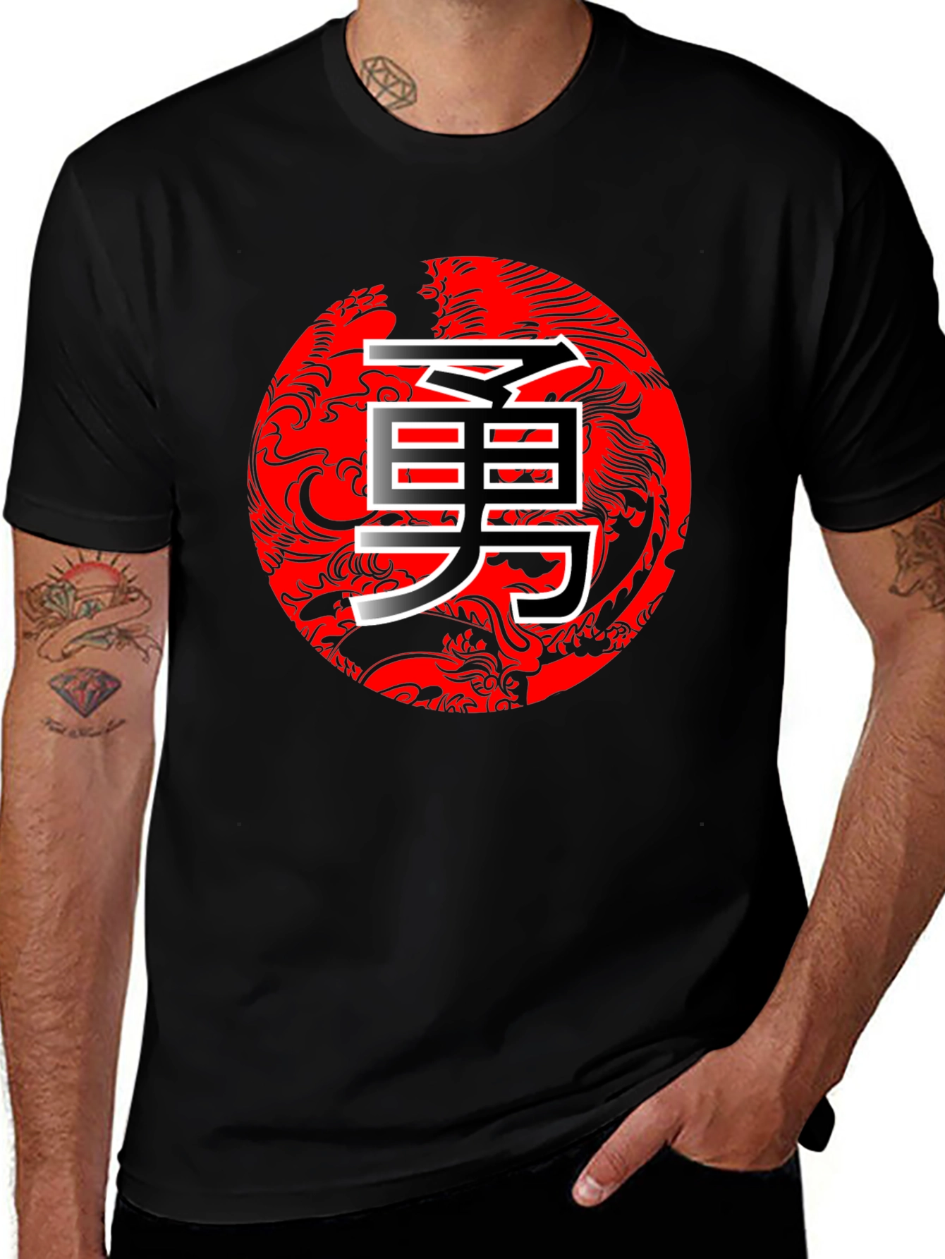 Bold Dragon Circle Kanji Graphic Black T-Shirt