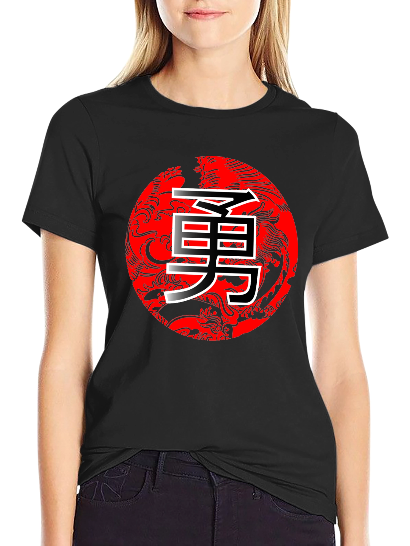 Bold Dragon Circle Kanji Graphic Black T-Shirt