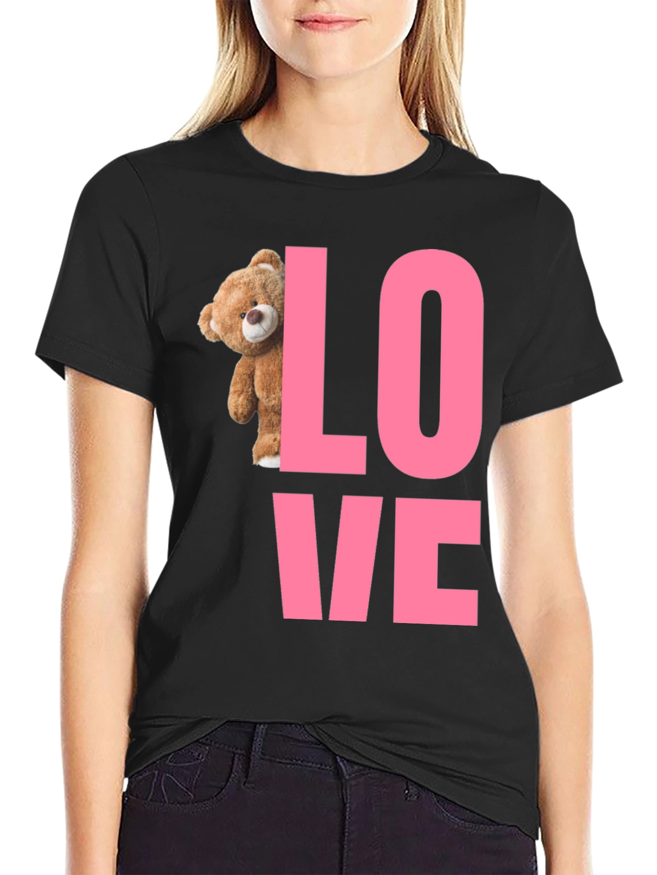 Love Teddy Bear Graphic T-Shirt - Black