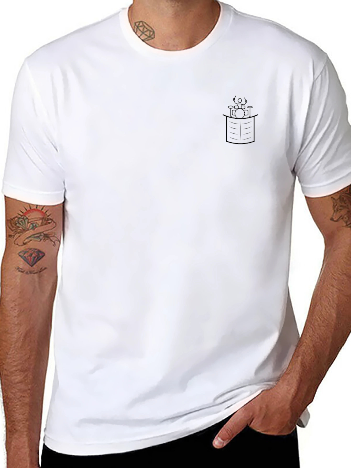 Mens Black Crew Neck T-Shirt with Drum Graphic