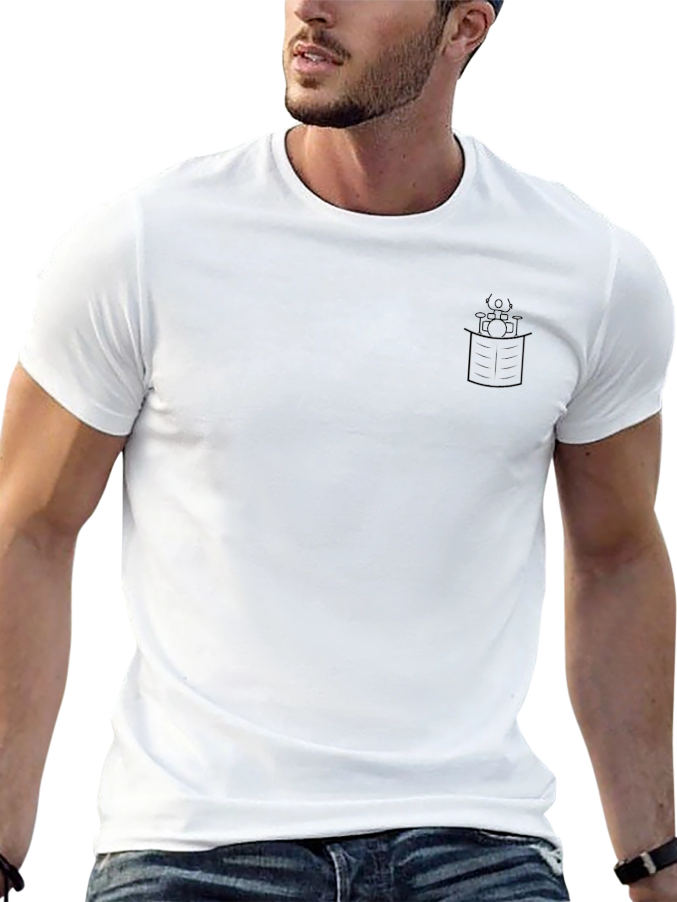 Mens Black Crew Neck T-Shirt with Drum Graphic