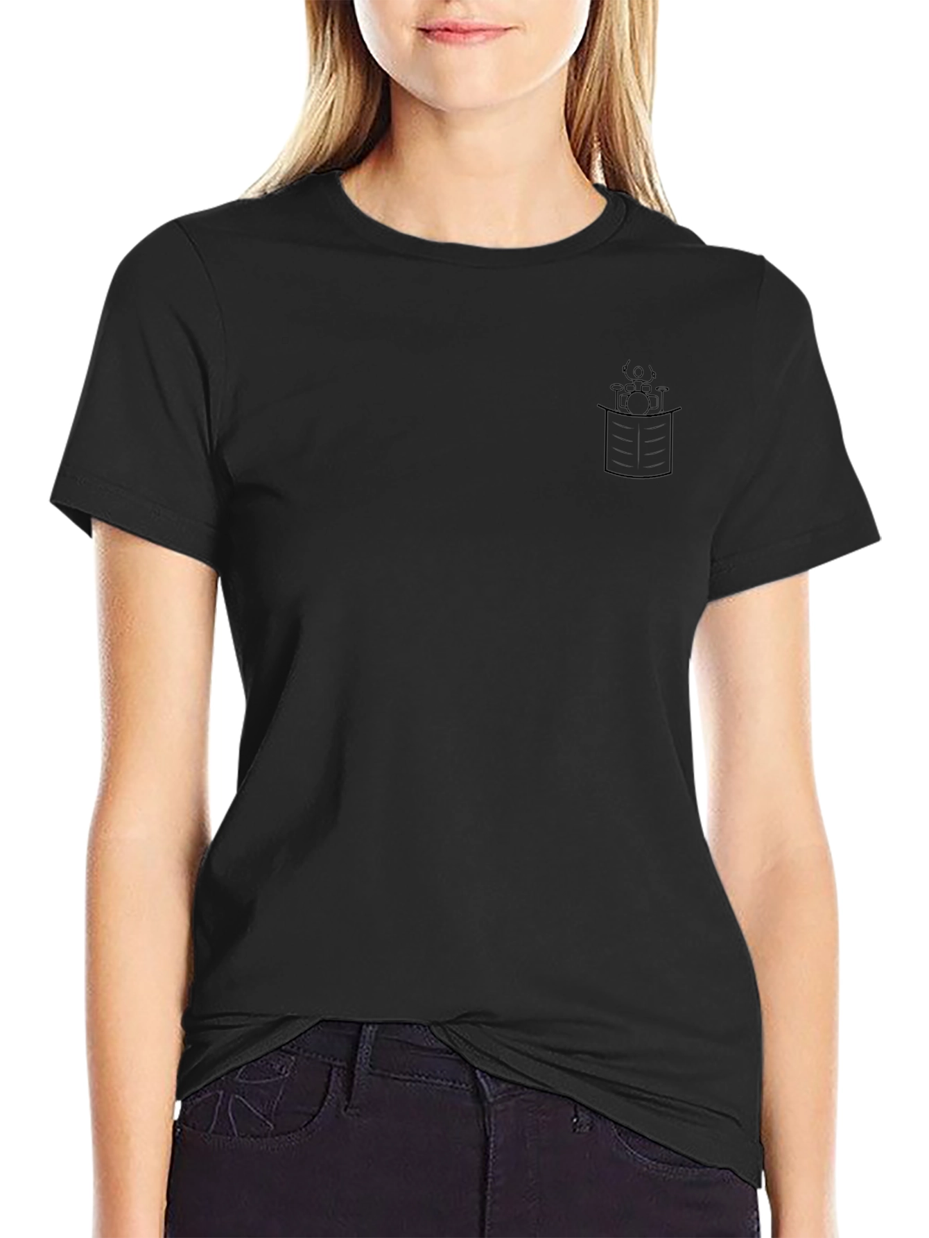 Mens Black Crew Neck T-Shirt with Drum Graphic
