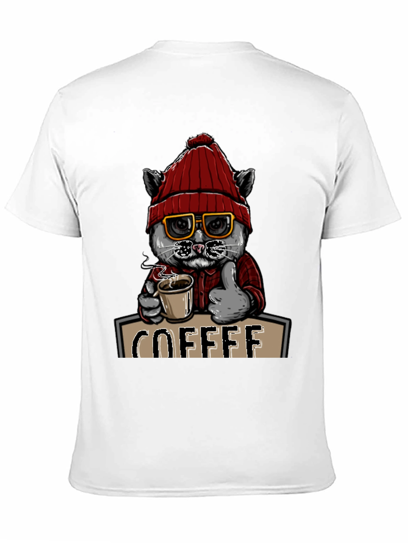 Coffee Cat T-Shirt - Red Hat Glasses Caffeine