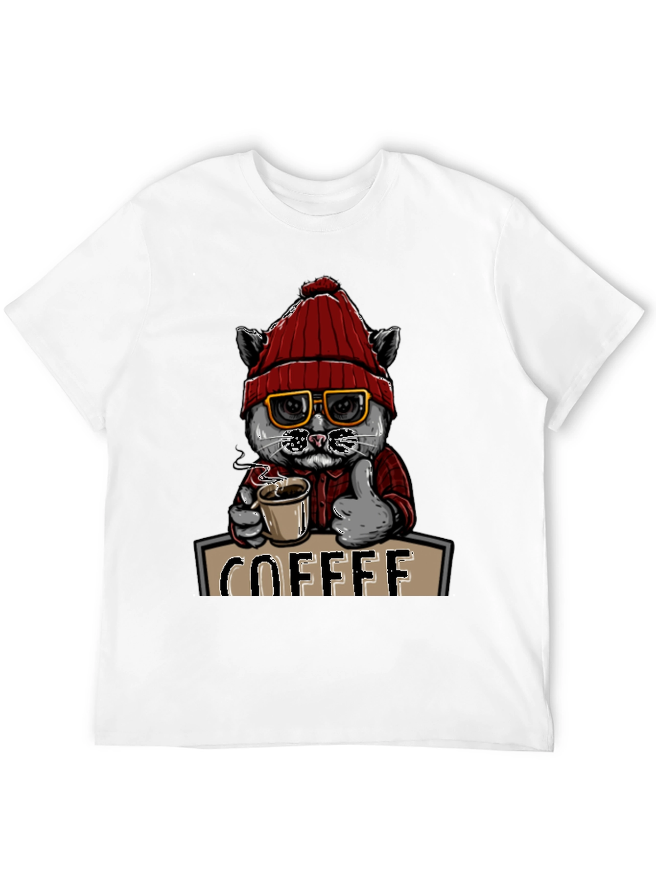 Coffee Cat T-Shirt - Red Hat Glasses Caffeine