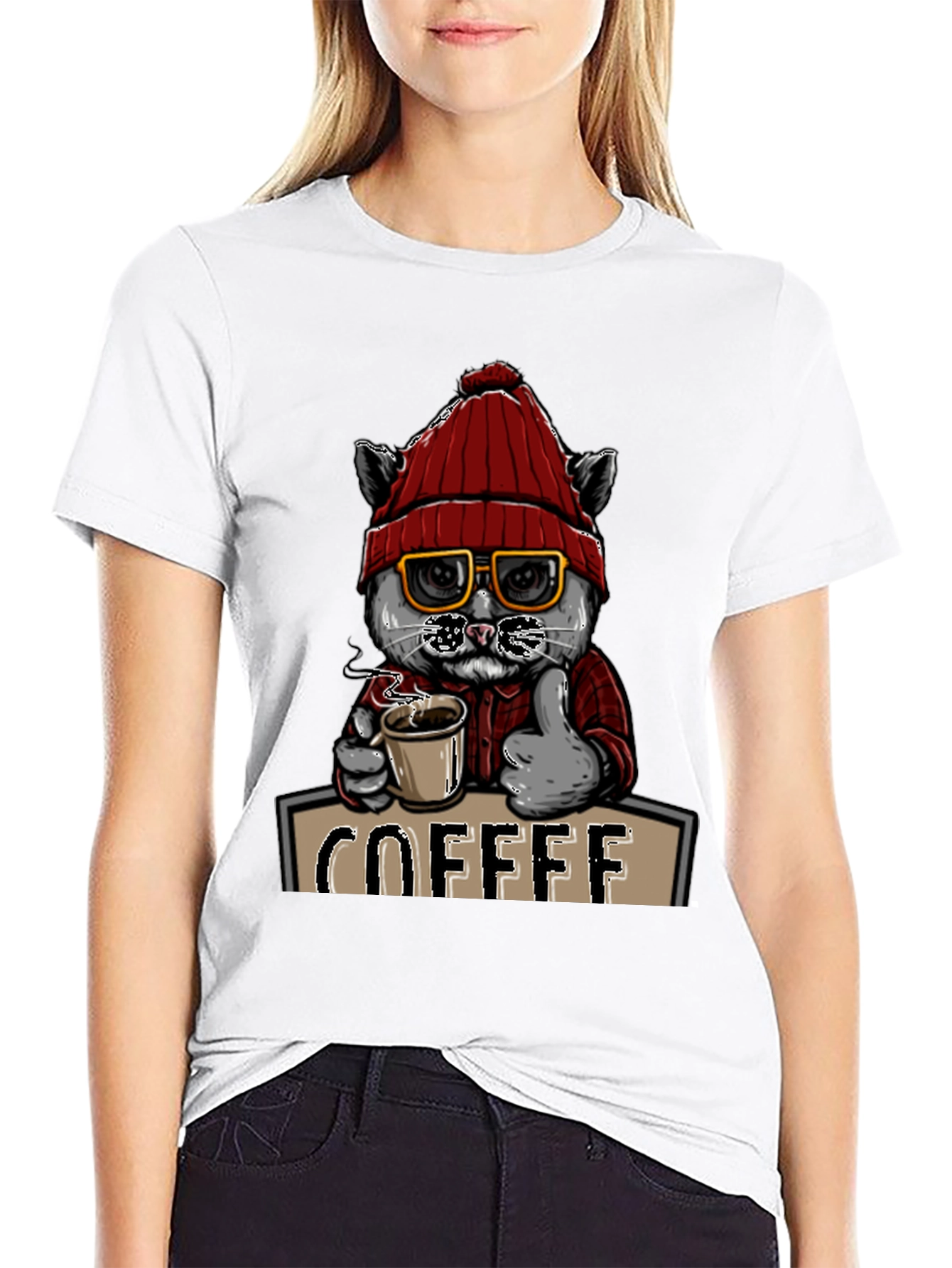 Coffee Cat T-Shirt - Red Hat Glasses Caffeine