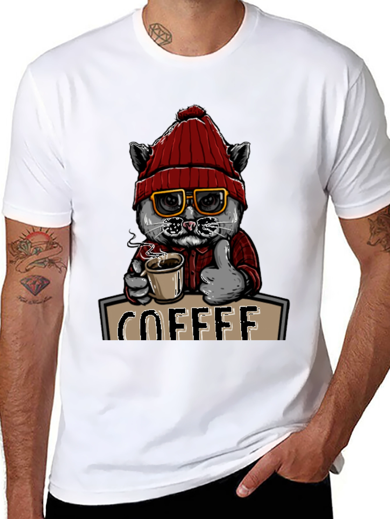 Coffee Cat T-Shirt - Red Hat Glasses Caffeine