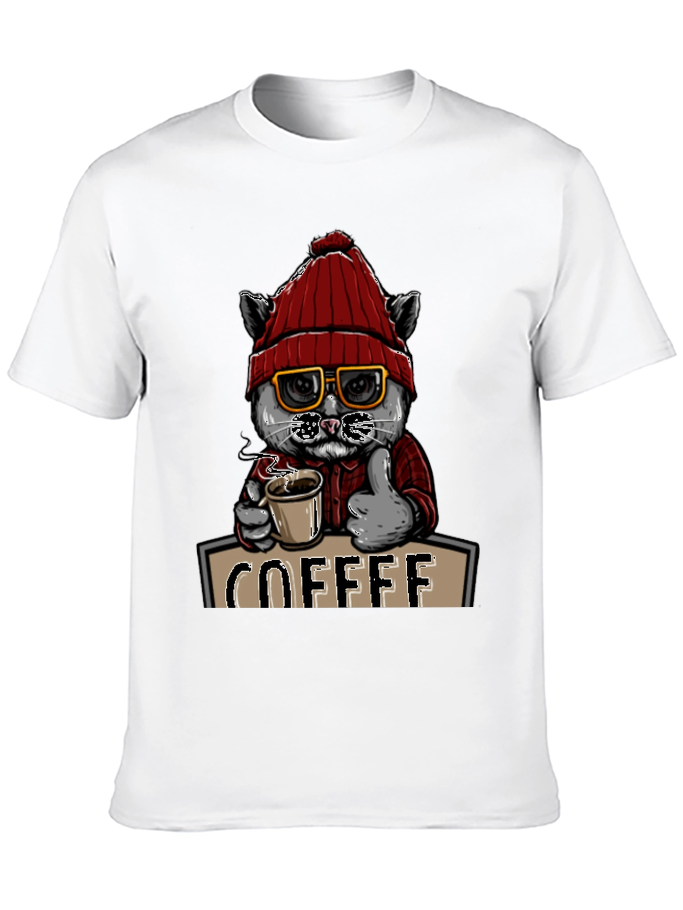 Coffee Cat T-Shirt - Red Hat Glasses Caffeine