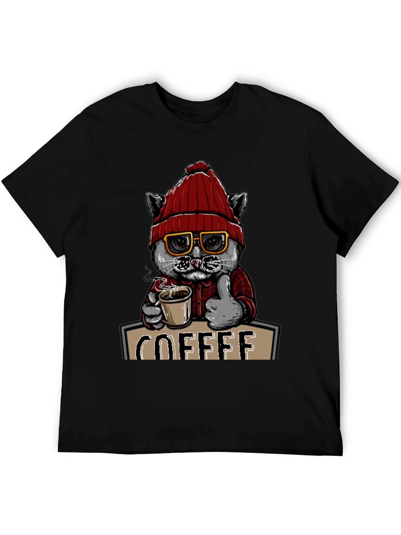 Coffee Cat T-Shirt - Red Hat Glasses Caffeine