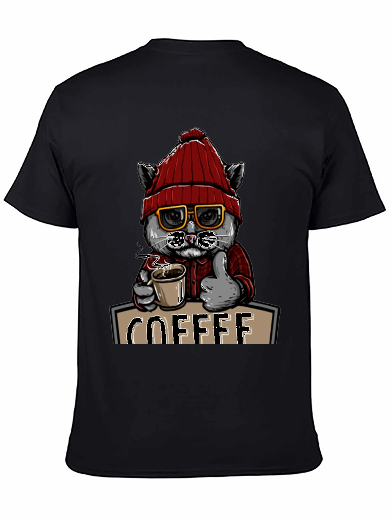 Coffee Cat T-Shirt - Red Hat Glasses Caffeine