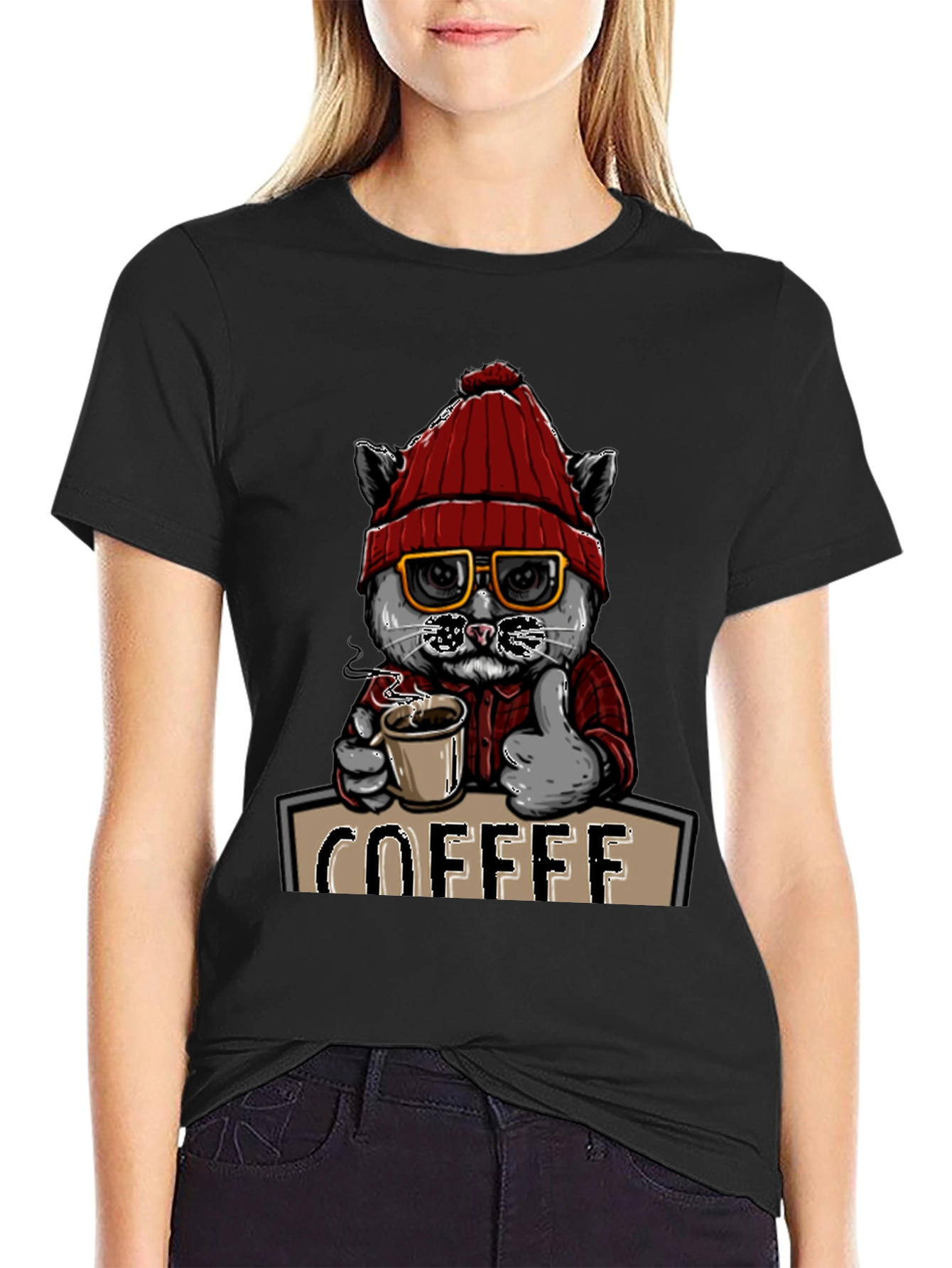 Coffee Cat T-Shirt - Red Hat Glasses Caffeine