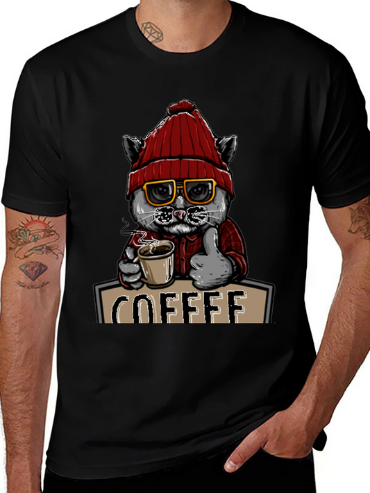 Coffee Cat T-Shirt - Red Hat Glasses Caffeine