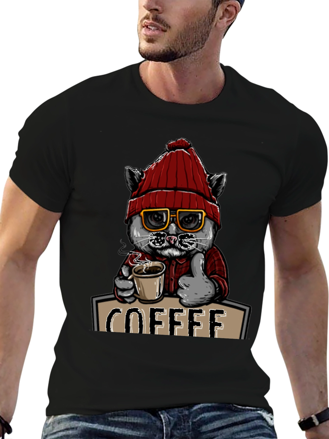 Coffee Cat T-Shirt - Red Hat Glasses Caffeine