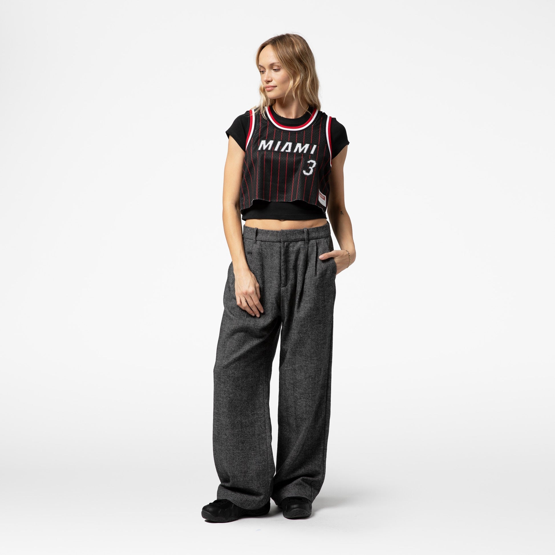 Women's Miami Heat Dwyane Wade Mitchell & Ness x DANNIJO Black Fashion Cropped Basketball Jersey