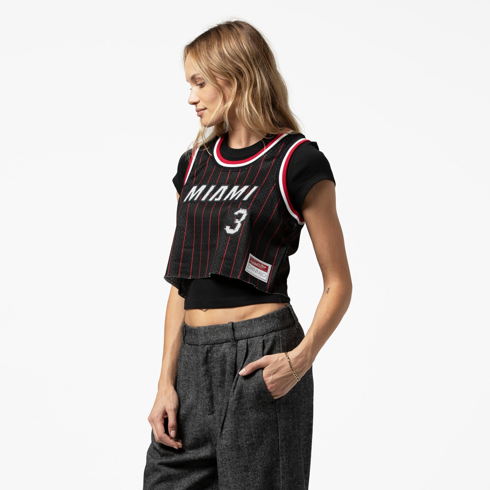 Women's Miami Heat Dwyane Wade Mitchell & Ness x DANNIJO Black Fashion Cropped Basketball Jersey