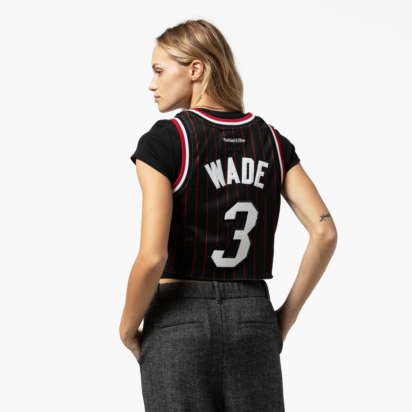 Women's Miami Heat Dwyane Wade Mitchell & Ness x DANNIJO Black Fashion Cropped Basketball Jersey