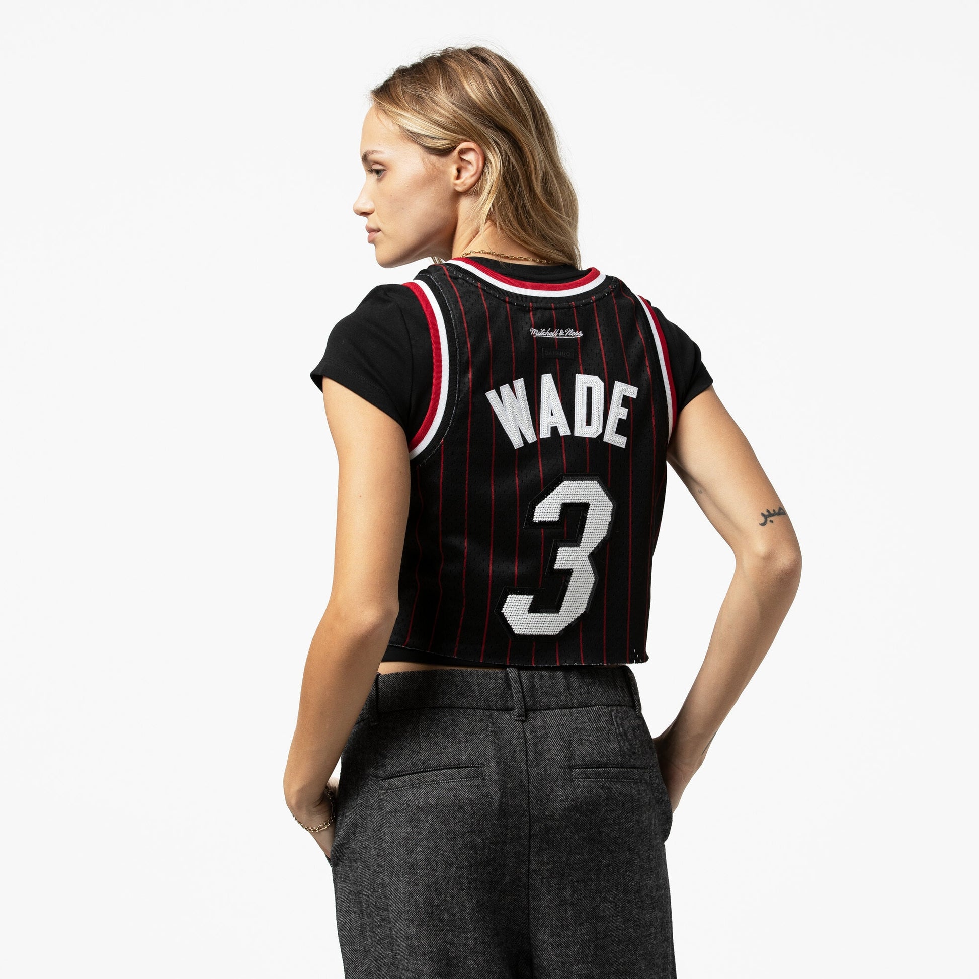 Women's Miami Heat Dwyane Wade Mitchell & Ness x DANNIJO Black Fashion Cropped Basketball Jersey