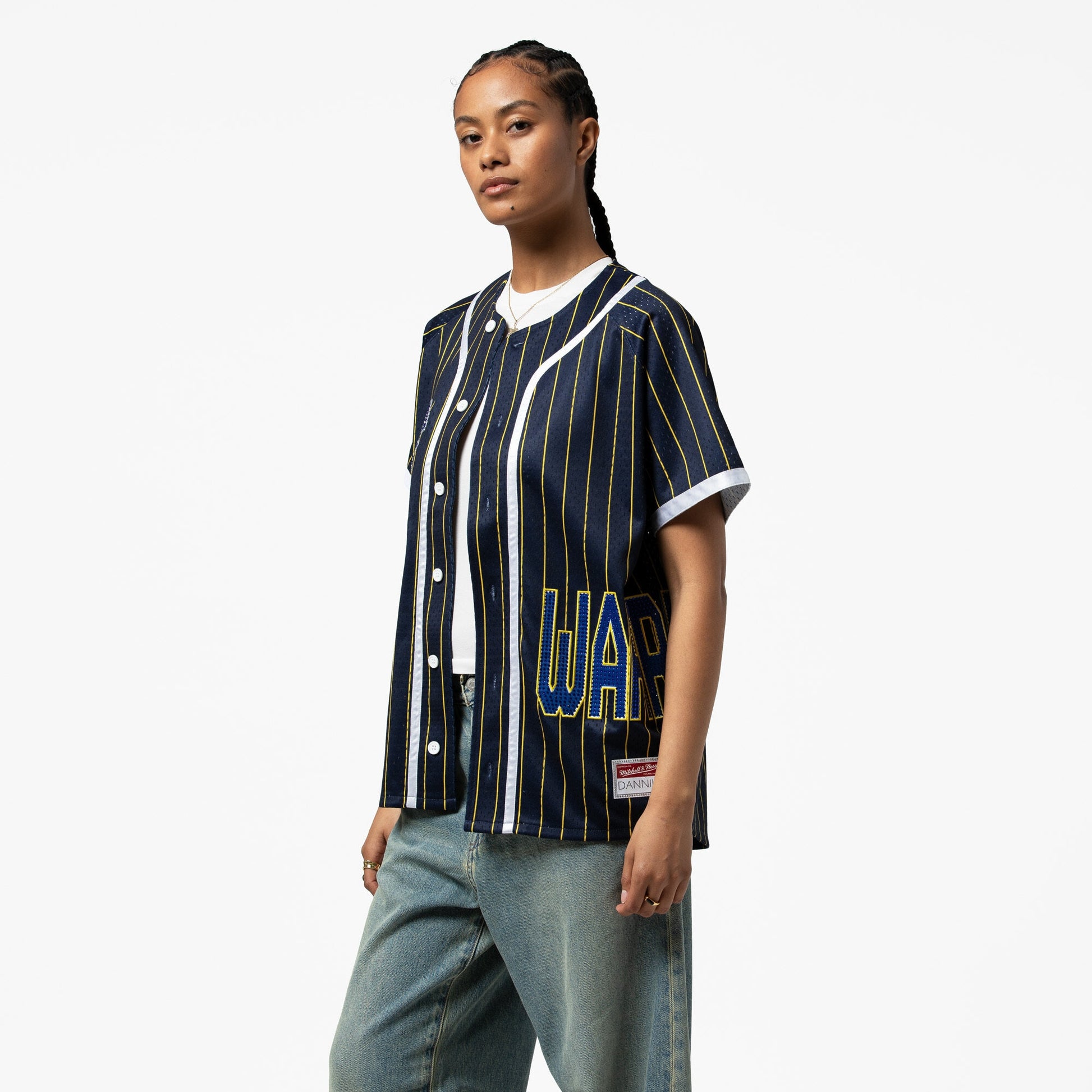 Women's Golden State Warriors  Mitchell & Ness x DANNIJO Blue Fashion Baseball Jersey